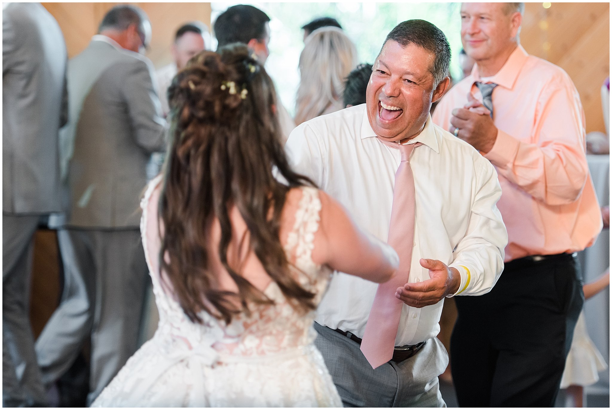 Bride dancing with father during party dancing | Oak Hills Utah Dusty Rose and Gray Summer Wedding | Jessie and Dallin Photography