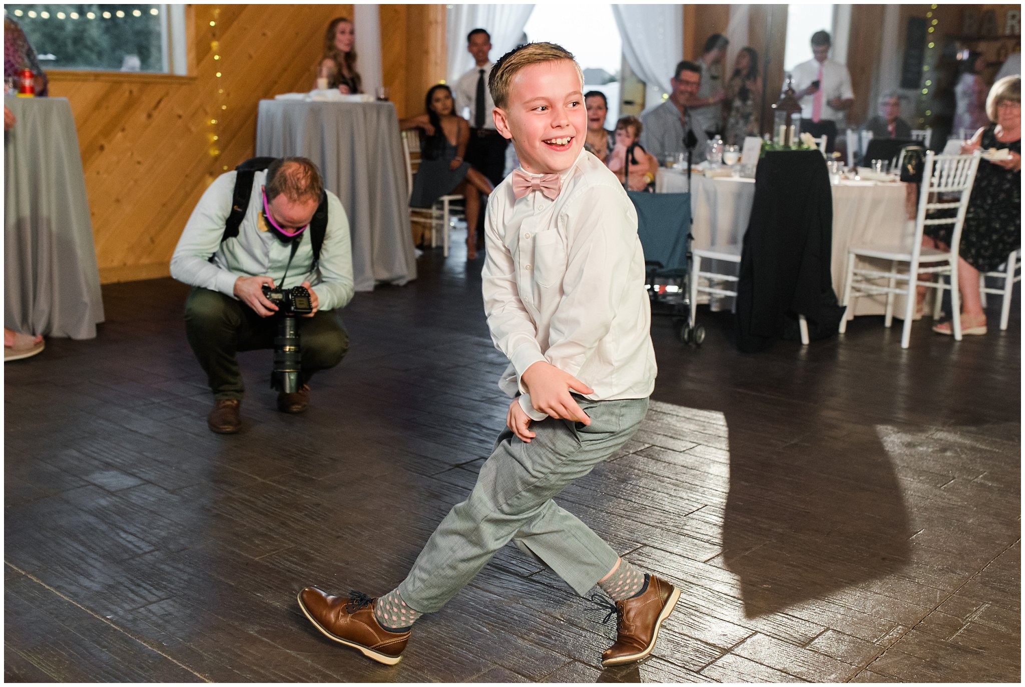 Little kid junior groomsman break dancing | Oak Hills Utah Dusty Rose and Gray Summer Wedding | Jessie and Dallin Photography