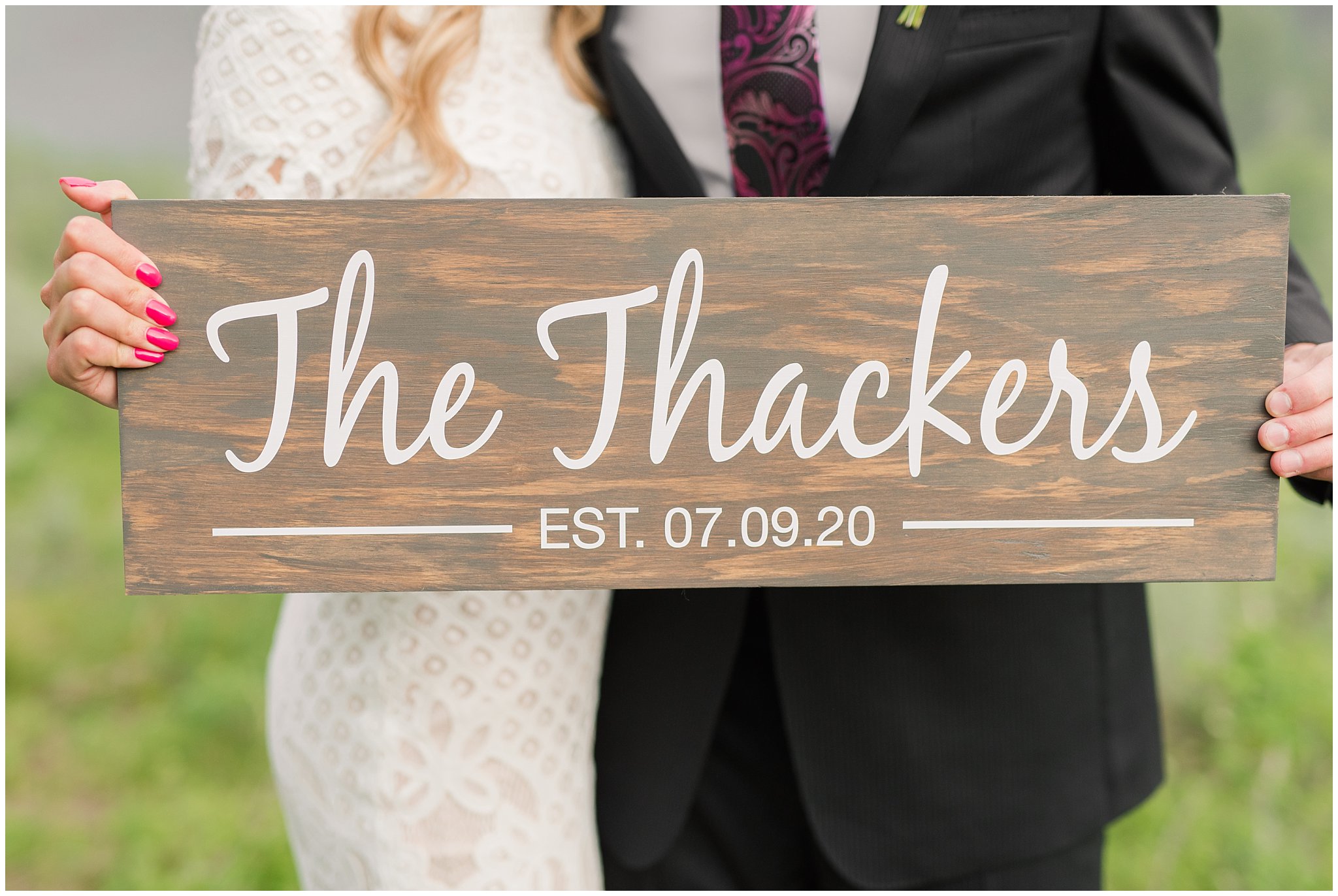 Wooden sign with last names and wedding date made by the groom | Utah Mountain Wedding Formal Session | Tibble Fork Summer Formal Session | Jessie and Dallin Photography