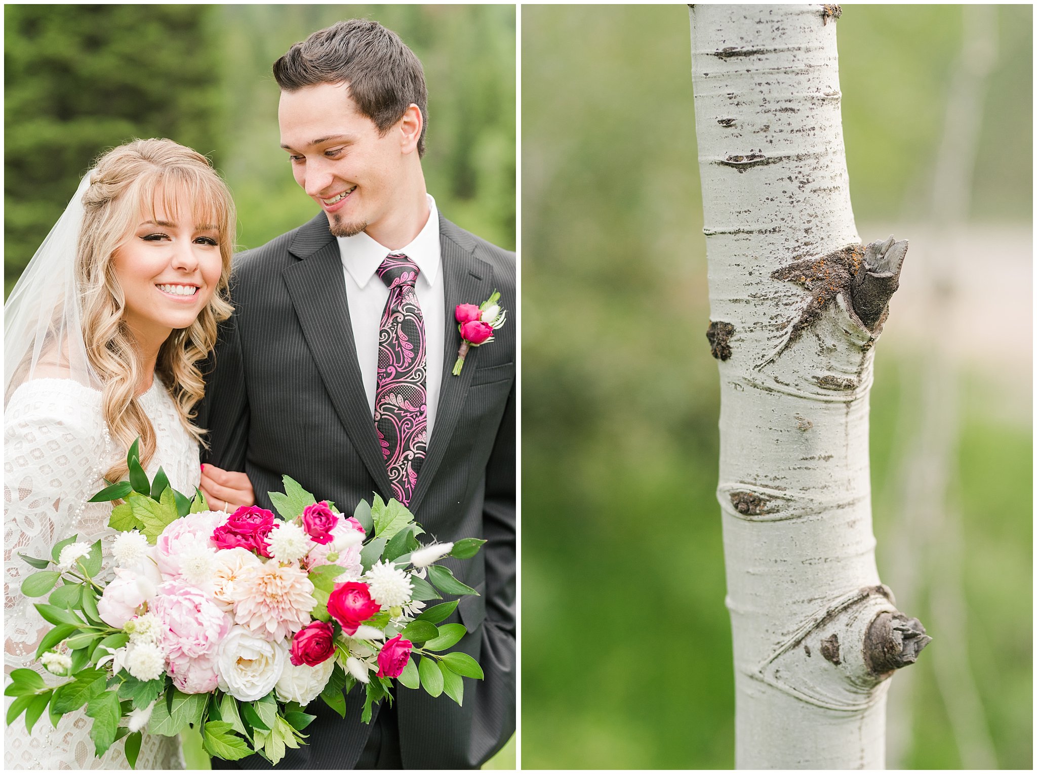 Candid photos of bride in lace dress and groom in black suit with deep pink and white floral bouquet | Utah Mountain Wedding Formal Session | Tibble Fork Summer Formal Session | Jessie and Dallin Photography