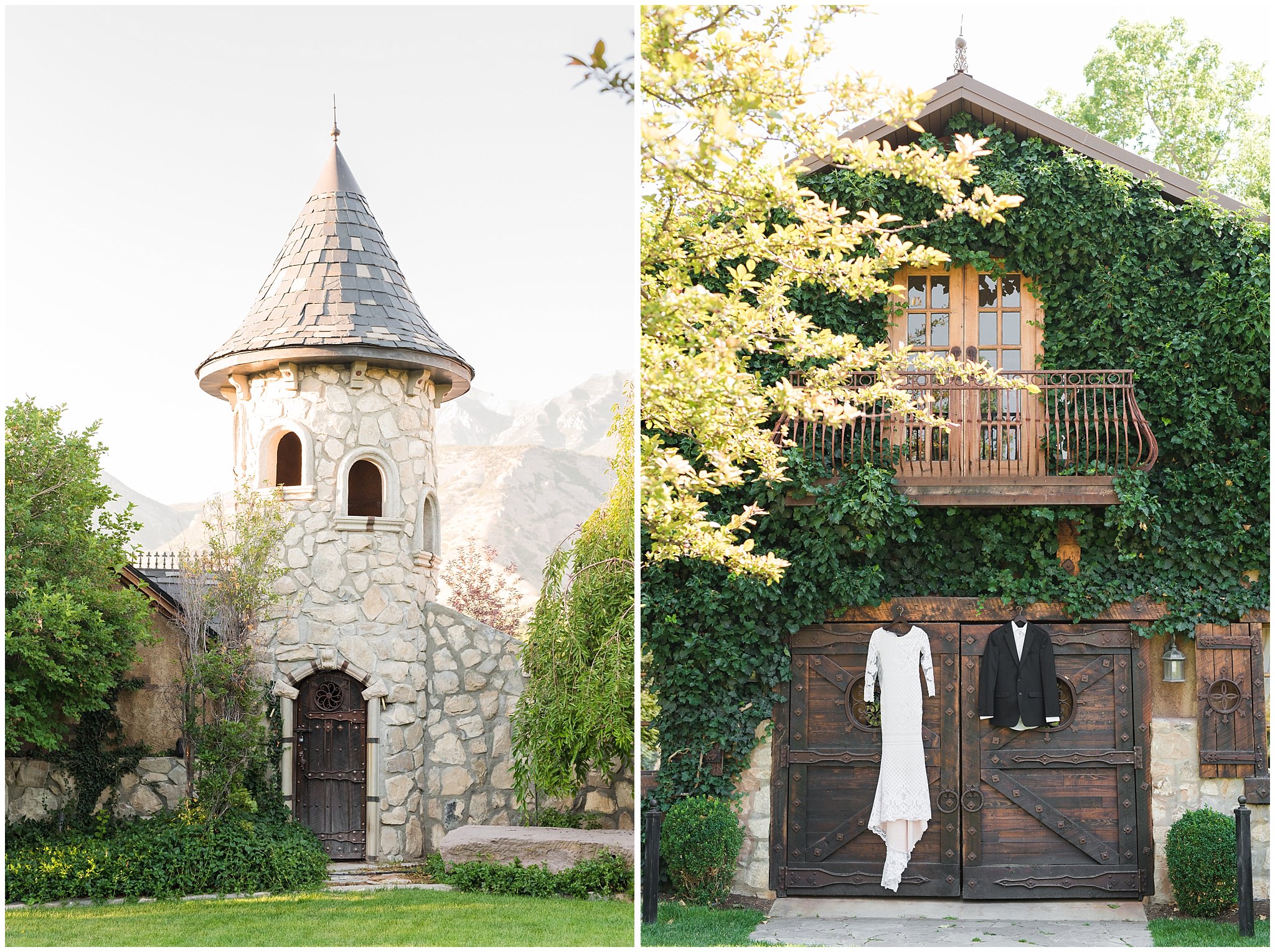 Castle Turret and Dress and Suit hanging on doors | Wadley Farms Summer Wedding | Jessie and Dallin Photography