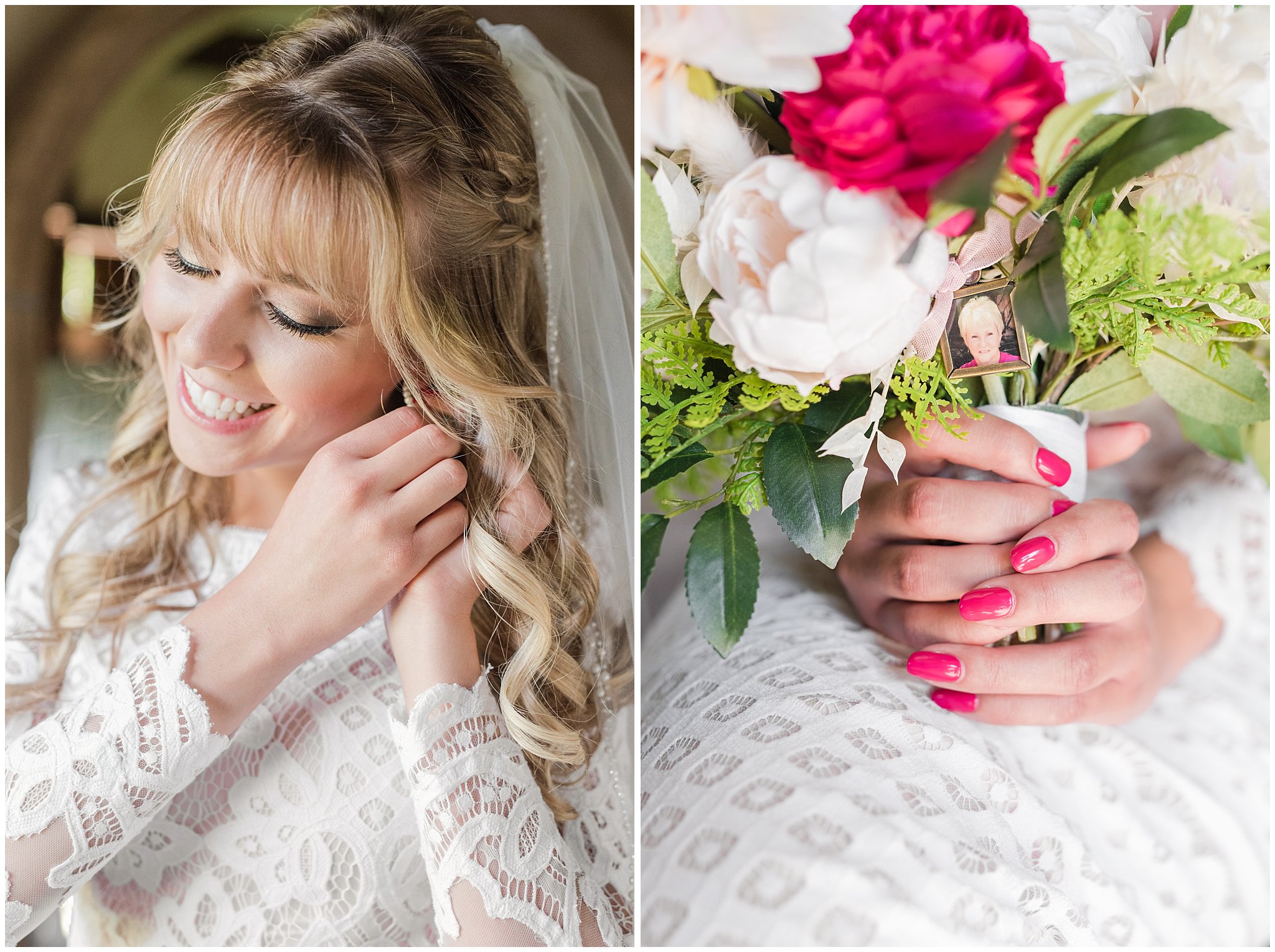 Bride getting ready with lace dress and white with deep pink florals | Wadley Farms Summer Wedding | Jessie and Dallin Photography