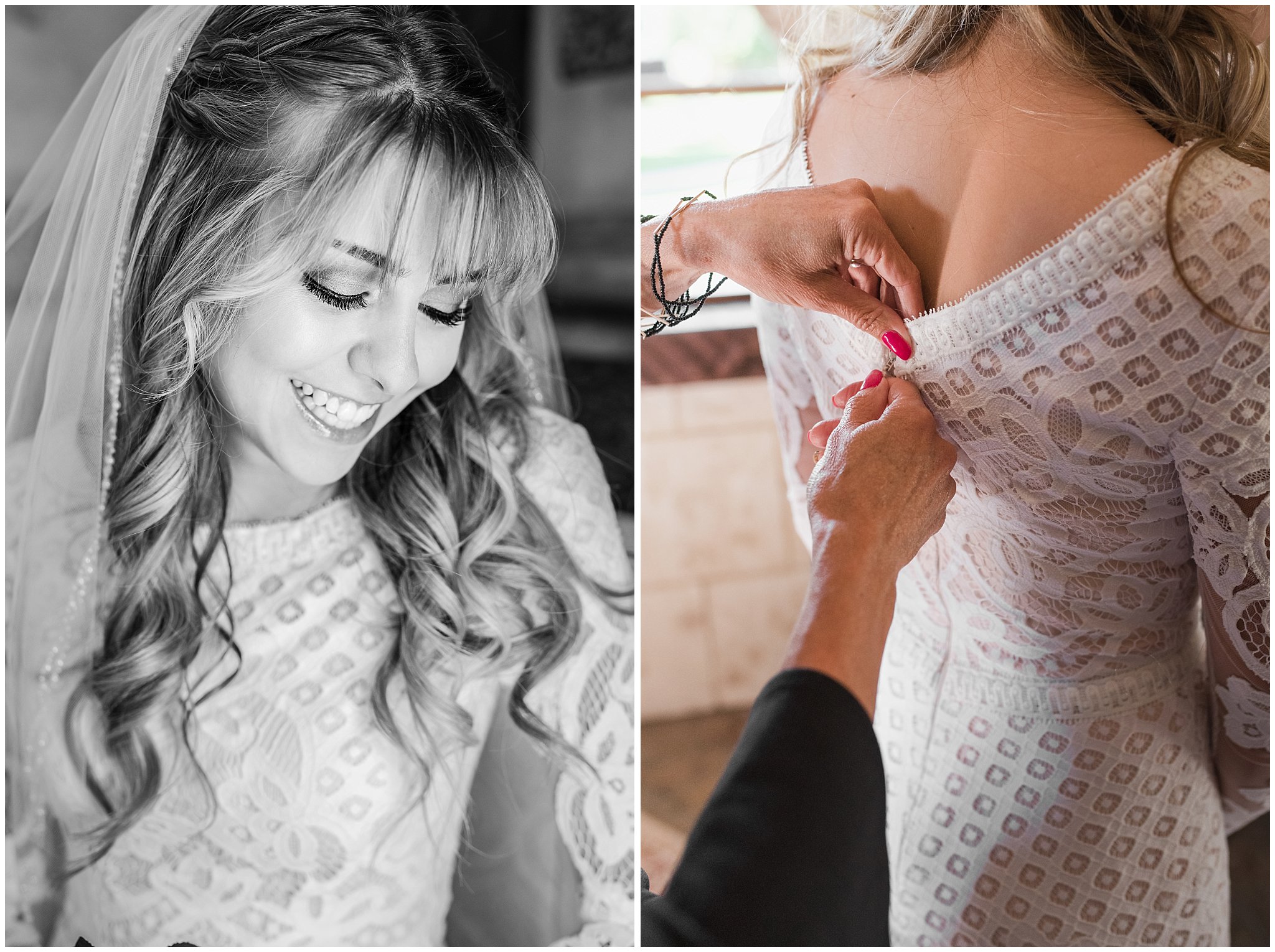 Bride and mom getting ready with lace dress and white and deep pink florals | Wadley Farms Summer Wedding | Jessie and Dallin Photography