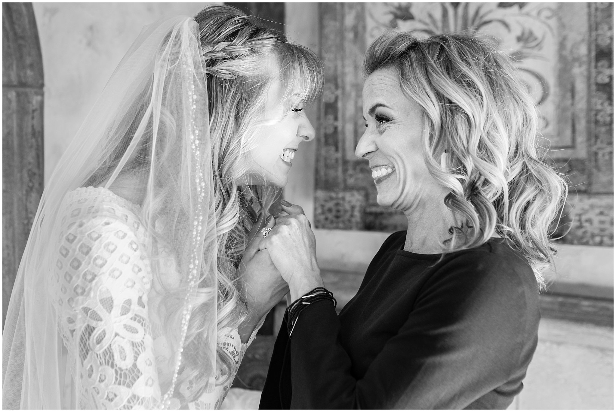 Bride and mom getting ready with lace dress and white and deep pink florals | Wadley Farms Summer Wedding | Jessie and Dallin Photography