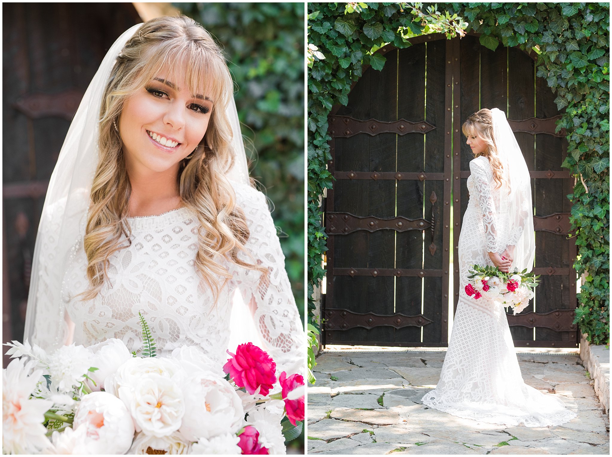Bride in lace dress holding bouquet of white and deep pink florals | Wadley Farms Summer Wedding | Jessie and Dallin Photography