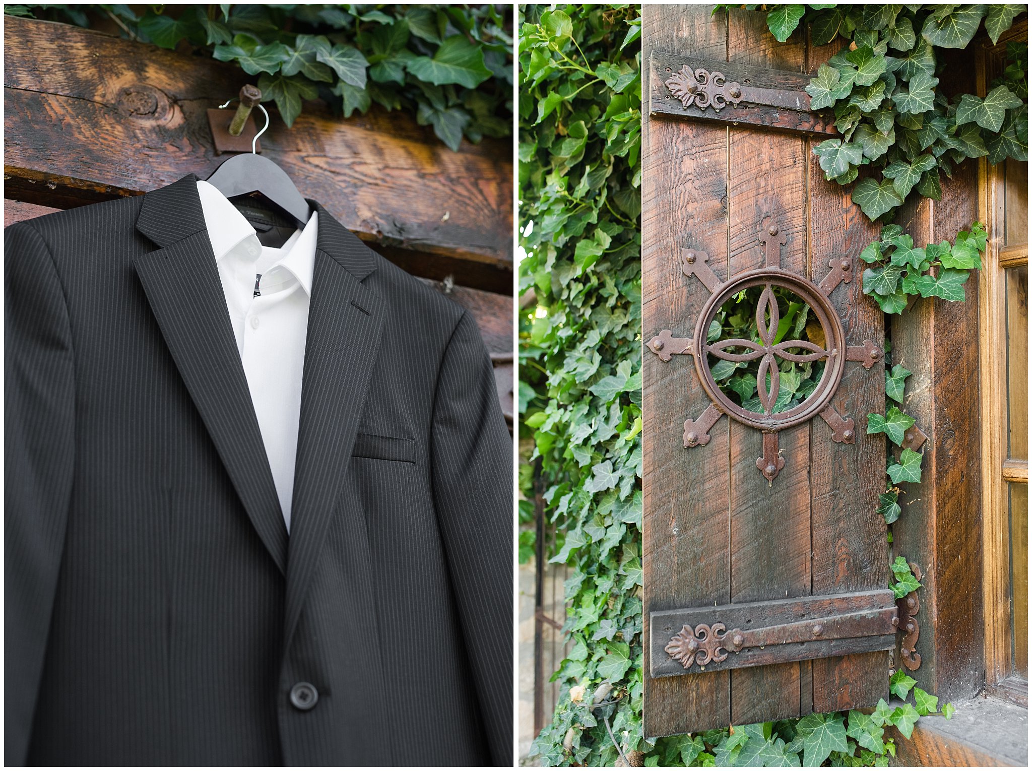 Groom black suit hanging on barn door at Wadley Farms | Wadley Farms Summer Wedding | Jessie and Dallin Photography