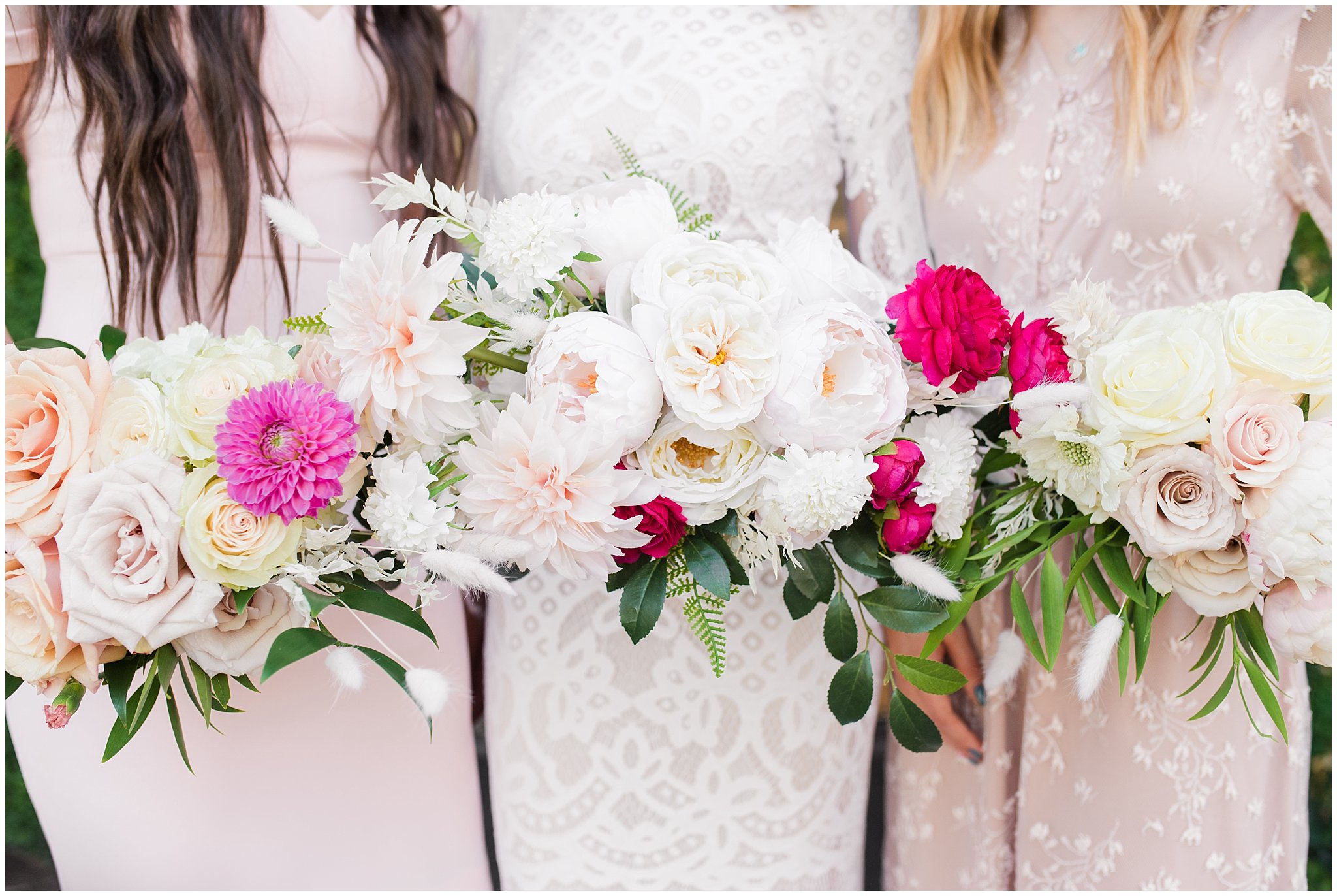 Wedding party with bridesmaids and bouquets of white with deep pink | Wadley Farms Summer Wedding | Jessie and Dallin Photography