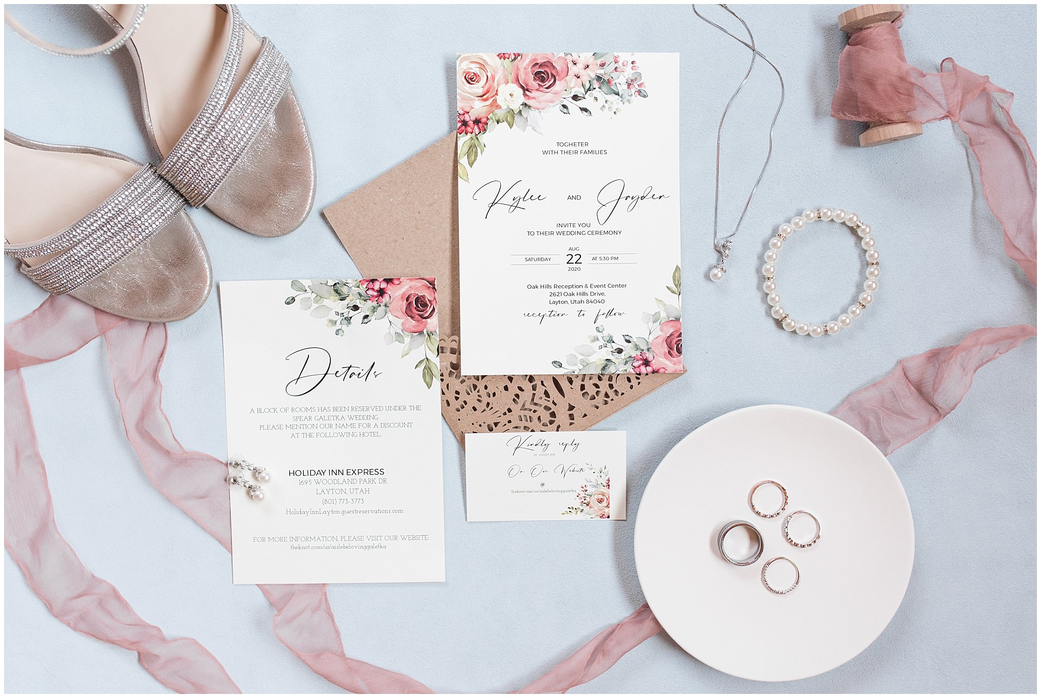 Invitation Suite and bridal details | Dusty Blue and Rose Summer Wedding at Oak Hills Utah | Jessie and Dallin Photography