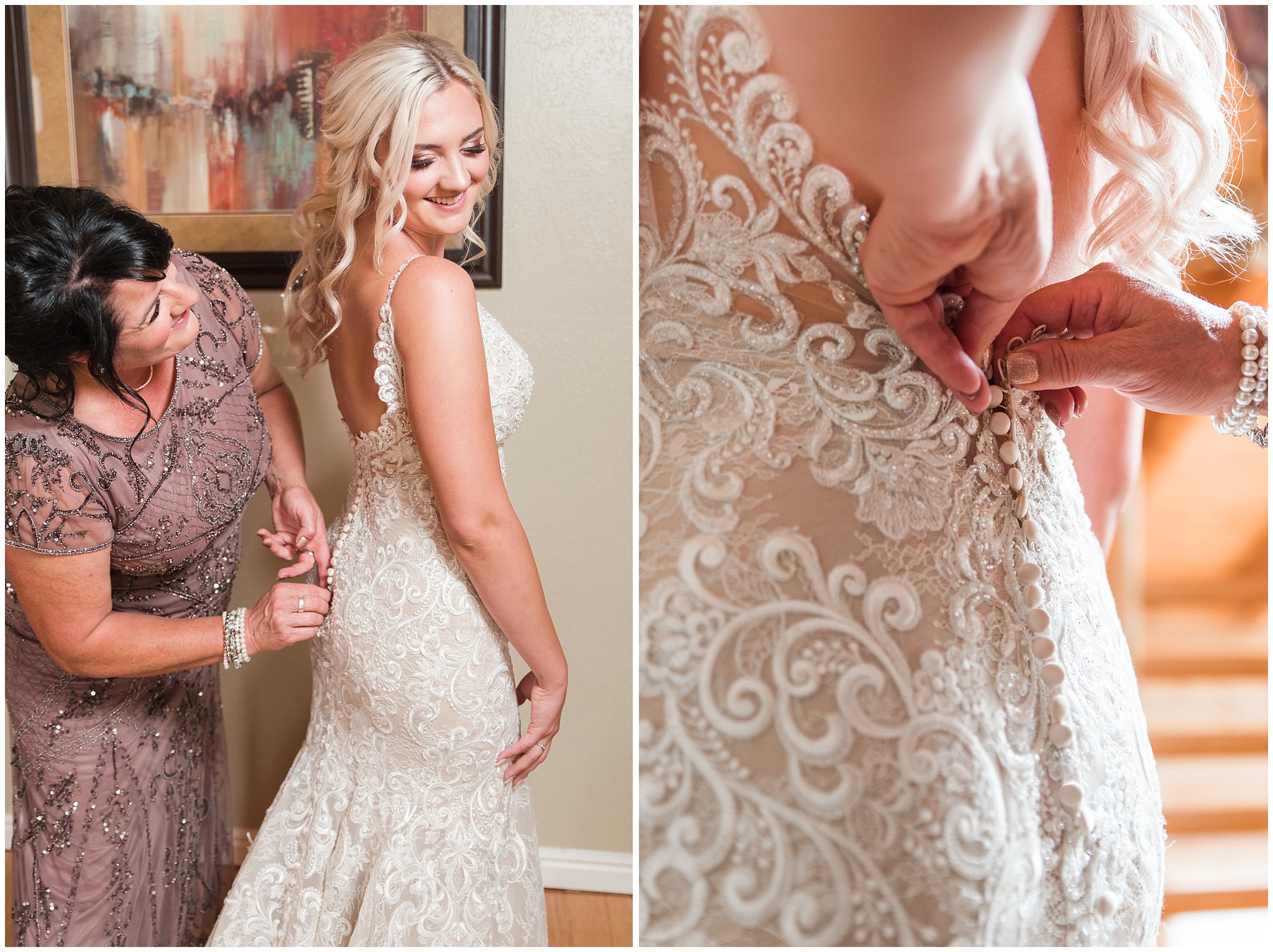 Mother of the bride buttoning up bride's dress | Dusty Blue and Rose Summer Wedding at Oak Hills Utah | Jessie and Dallin Photography