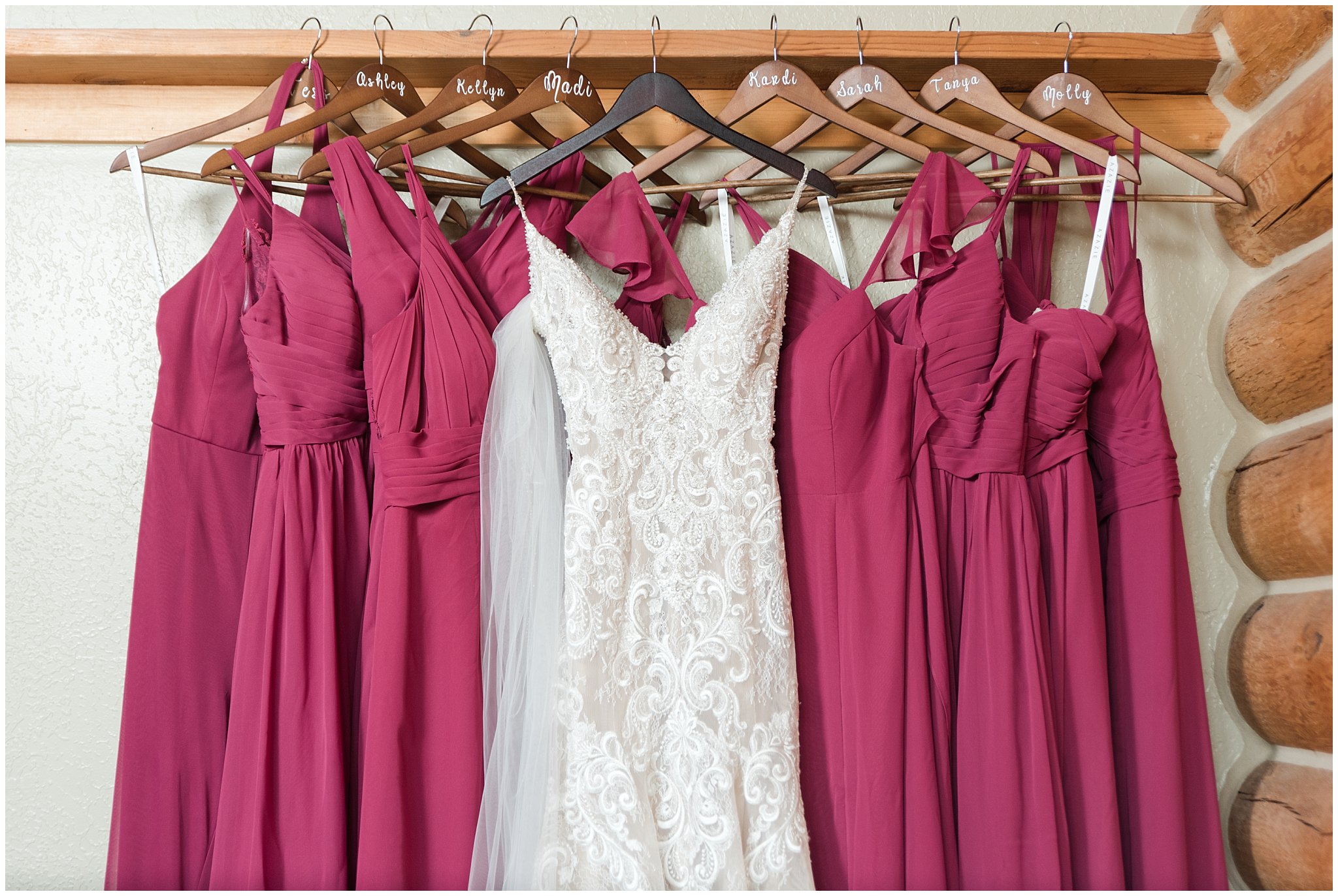 Wedding dress and bridesmaid dresses with bridal details | Dusty Blue and Rose Summer Wedding at Oak Hills Utah | Jessie and Dallin Photography
