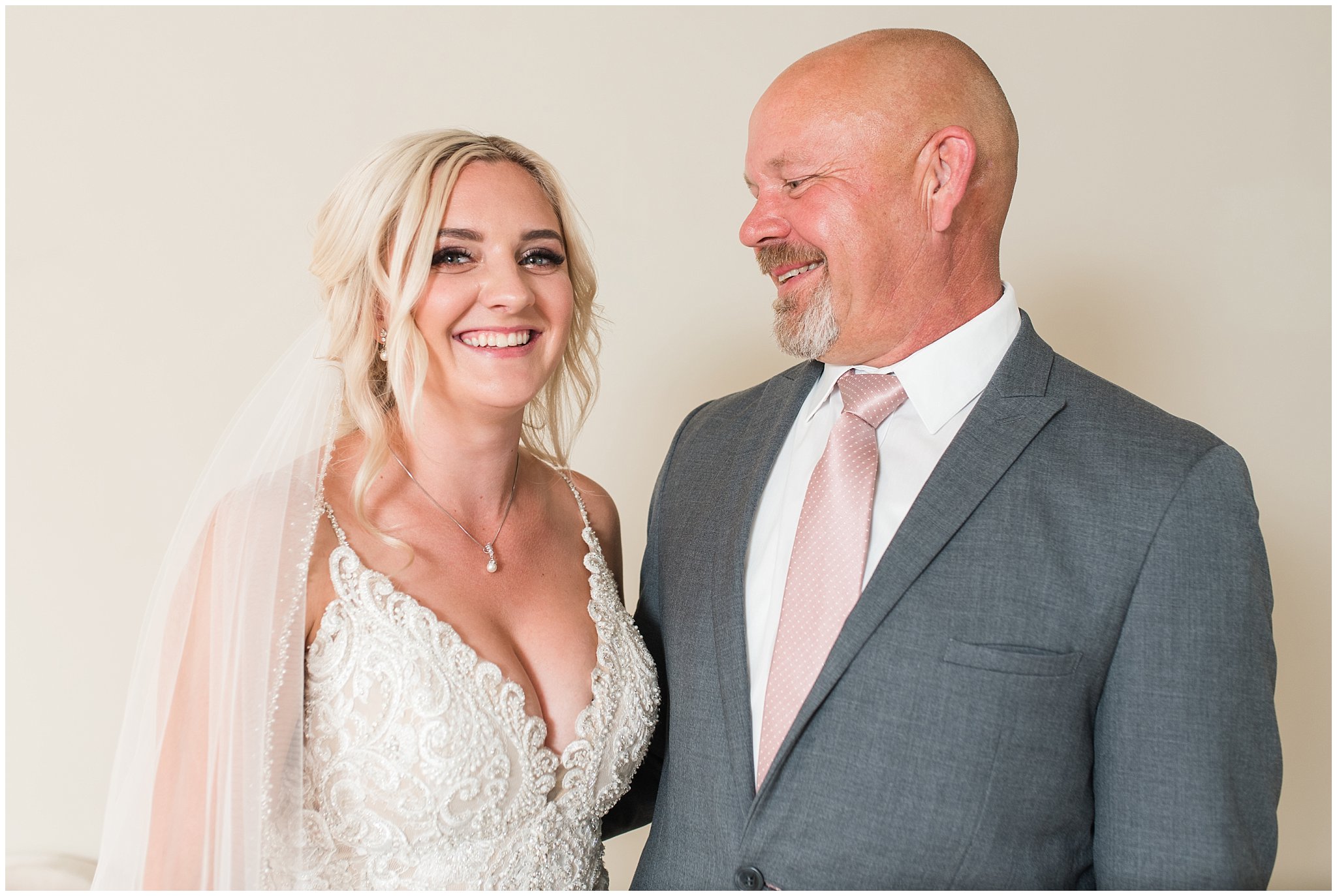 Father Daughter First Look | Dusty Blue and Rose Summer Wedding at Oak Hills Utah | Jessie and Dallin Photography