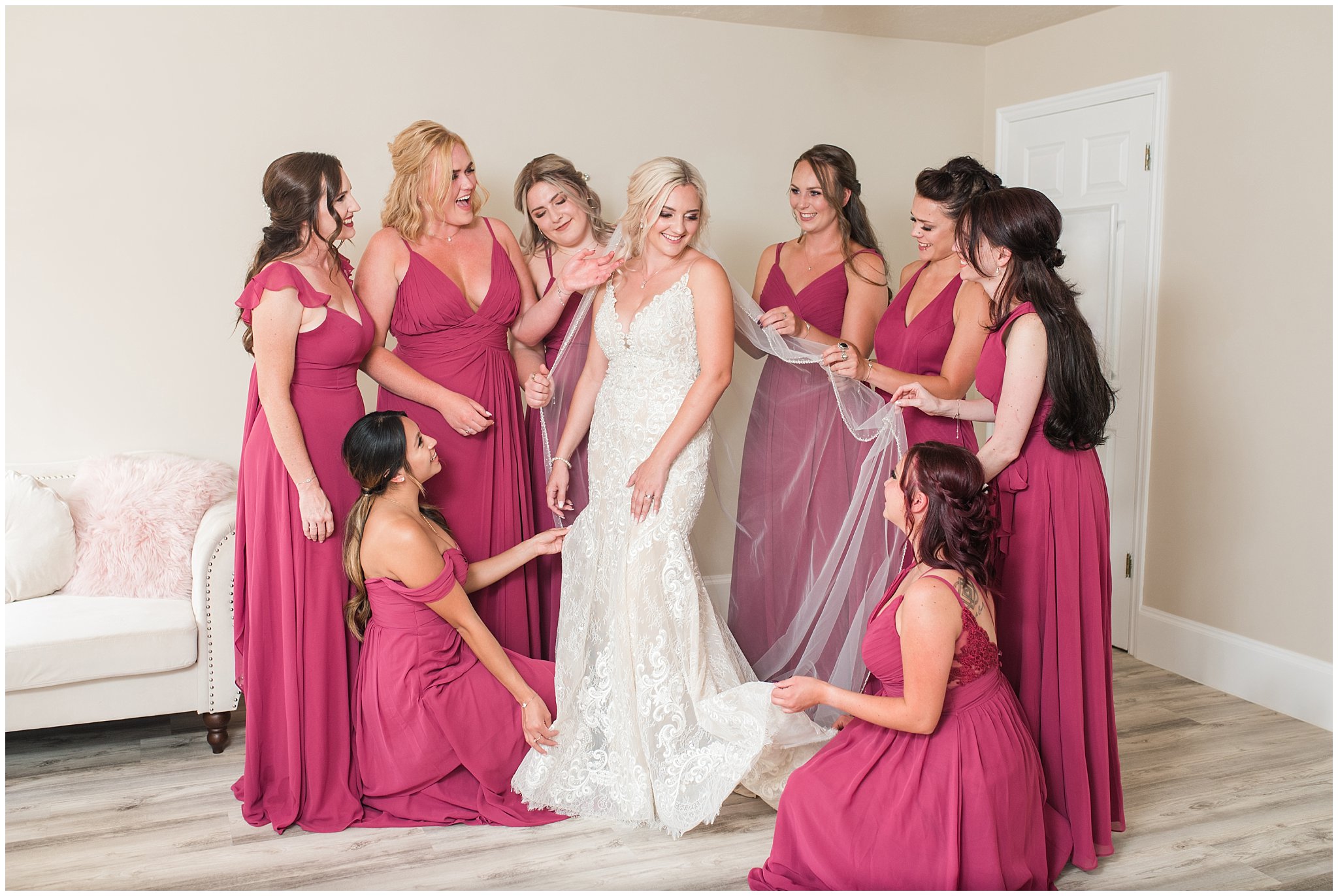 Bride getting ready with bridesmaids | Dusty Blue and Rose Summer Wedding at Oak Hills Utah | Jessie and Dallin Photography
