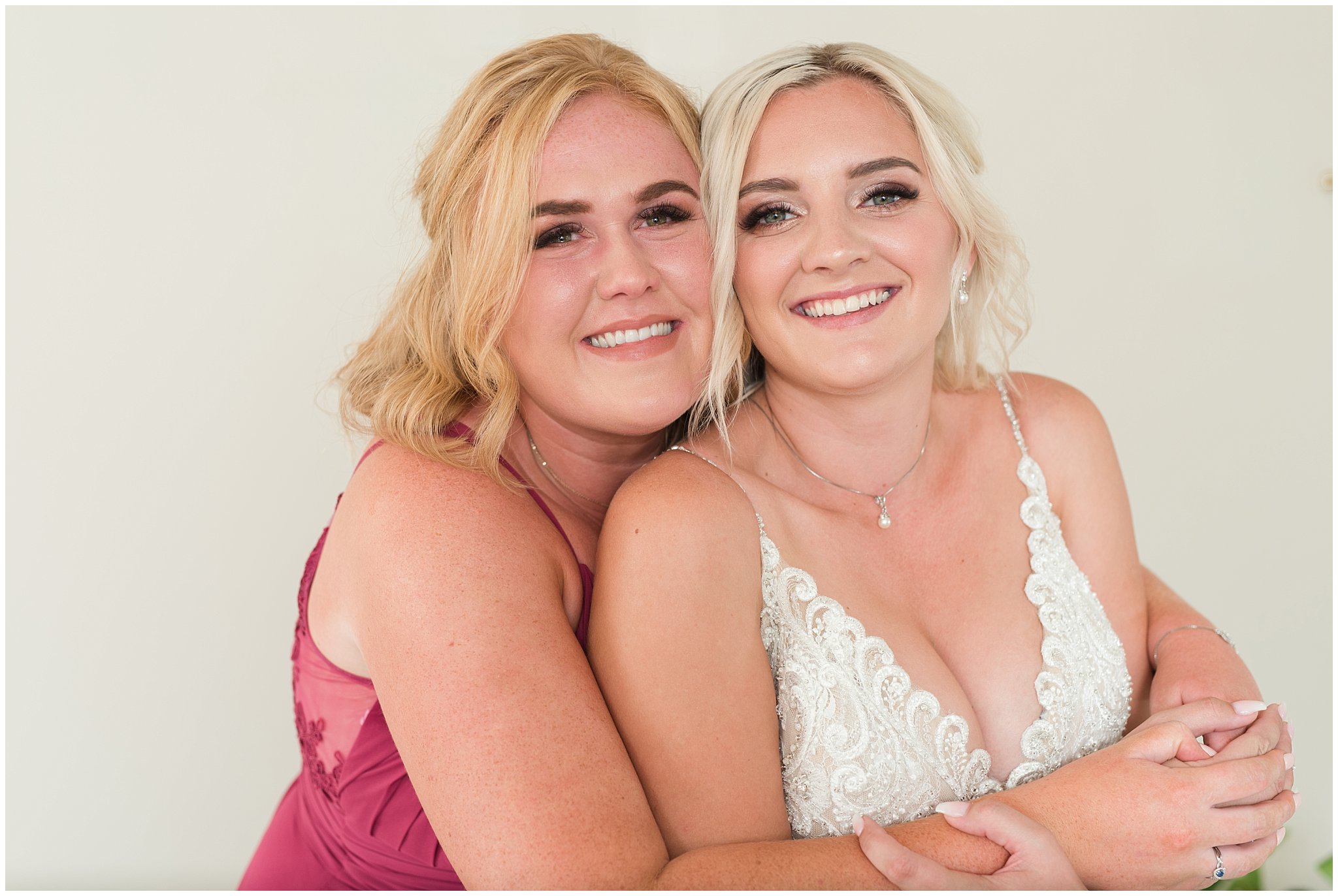 Maid of Honor helping bride get ready | Dusty Blue and Rose Summer Wedding at Oak Hills Utah | Jessie and Dallin Photography
