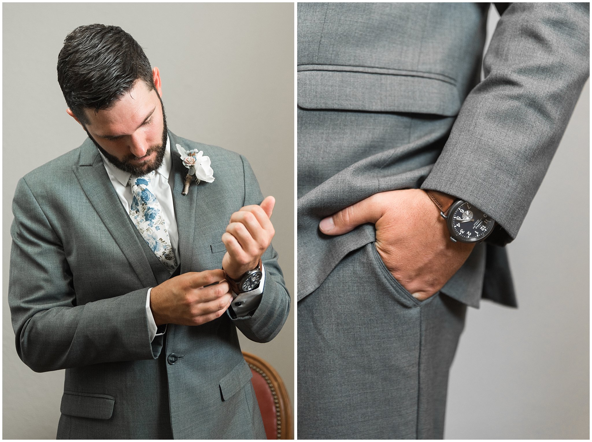Groom getting ready with a gray suit and blue and white floral tie | Dusty Blue and Rose Summer Wedding at Oak Hills Utah | Jessie and Dallin Photography
