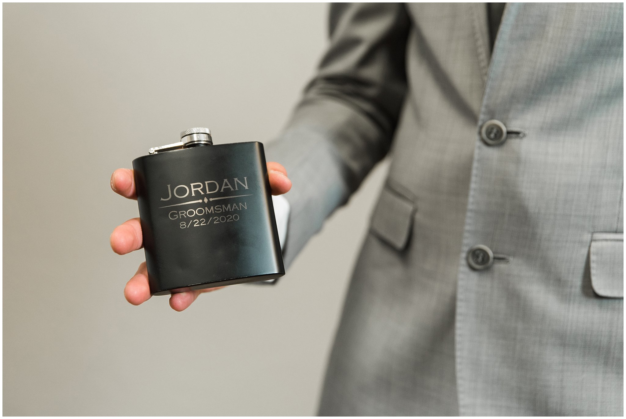 Flask Groomsmen gift | Dusty Blue and Rose Summer Wedding at Oak Hills Utah | Jessie and Dallin Photography