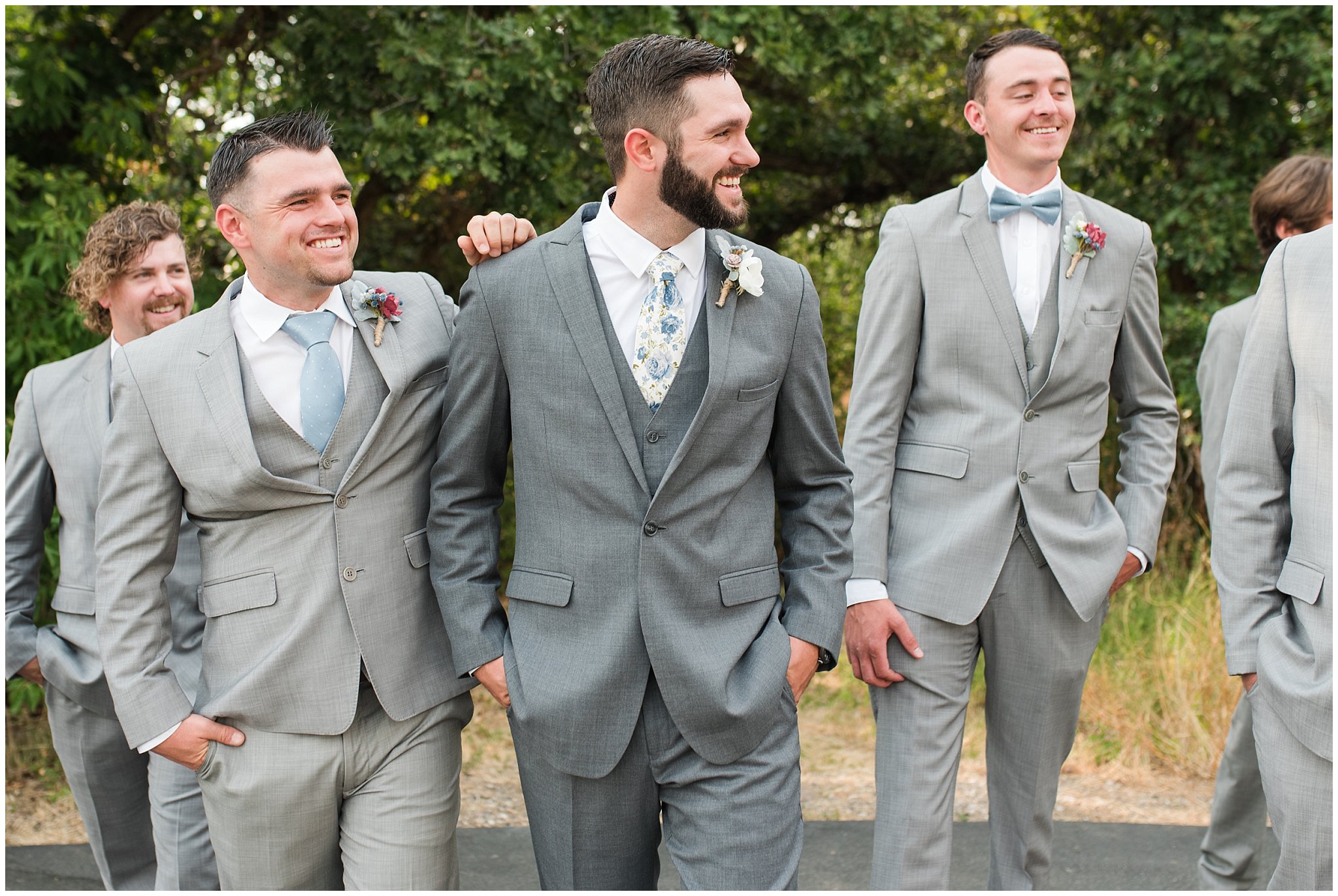 Groom and groomsmen wearing gray suits and blue floral ties | Dusty Blue and Rose Summer Wedding at Oak Hills Utah | Jessie and Dallin Photography