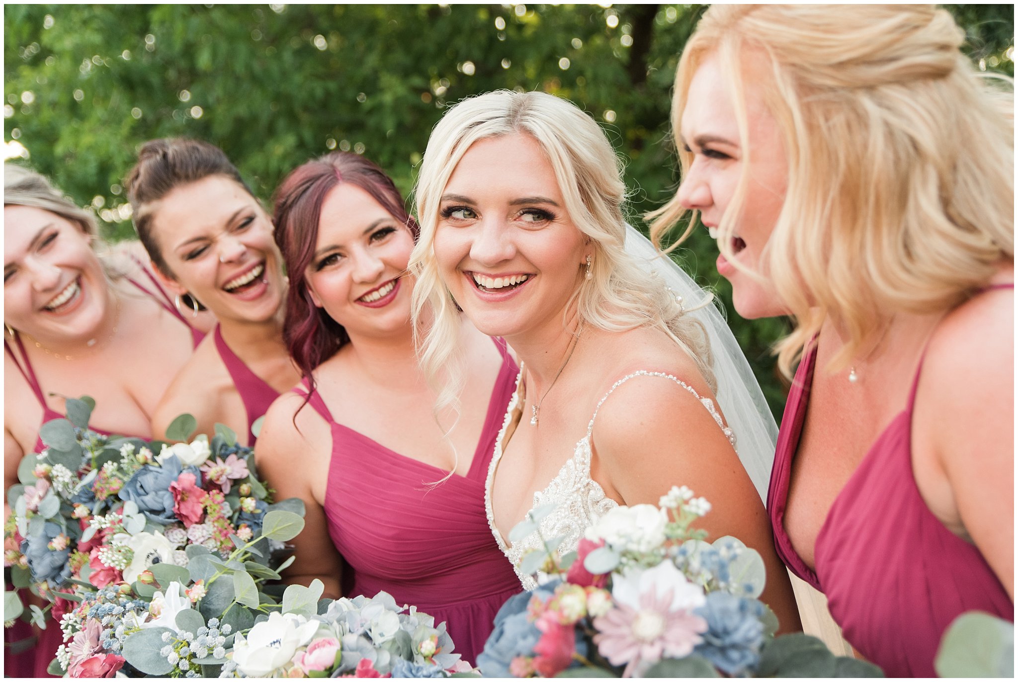 Bride and bridesmaids with maroon dresses | Dusty Blue and Rose Summer Wedding at Oak Hills Utah | Jessie and Dallin Photography