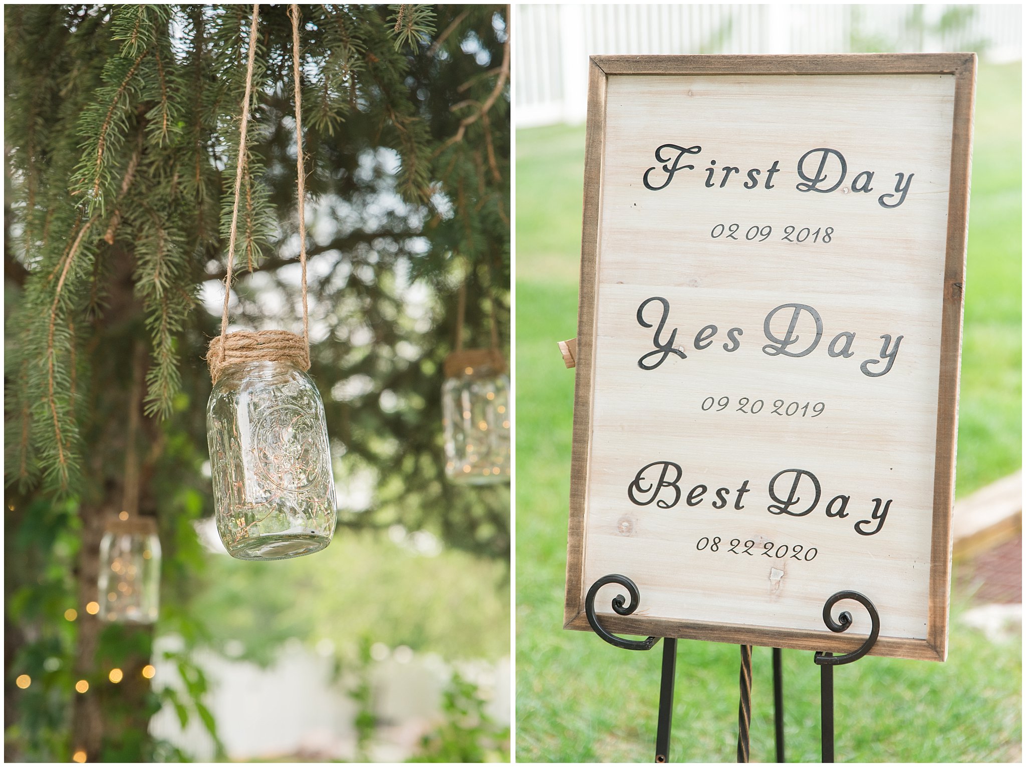 Mason jars with lights hanging in trees and Wedding first day, date, and best day sign | Dusty Blue and Rose Summer Wedding at Oak Hills Utah | Jessie and Dallin Photography