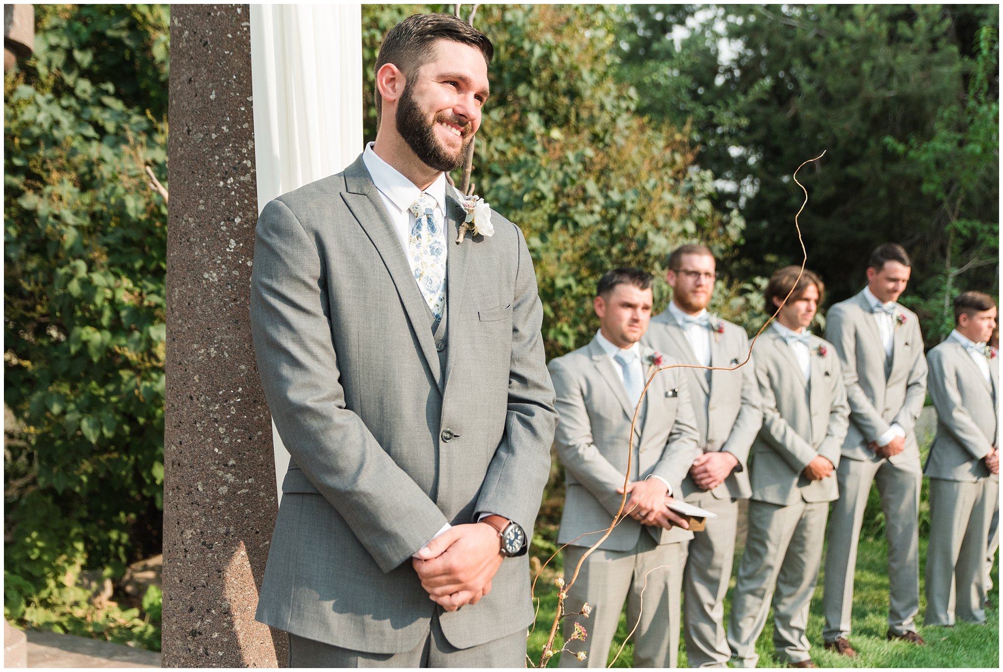 Groom's reaction to bride walking down the aisle | Dusty Blue and Rose Summer Wedding at Oak Hills Utah | Jessie and Dallin Photography