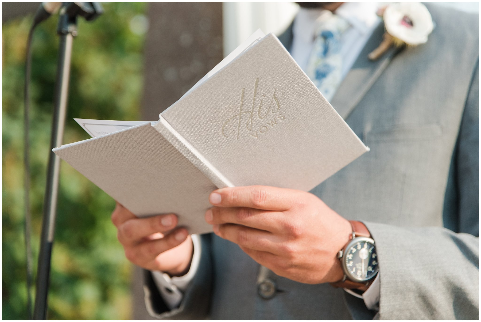 Groom vow book reading vows | Dusty Blue and Rose Summer Wedding at Oak Hills Utah | Jessie and Dallin Photography