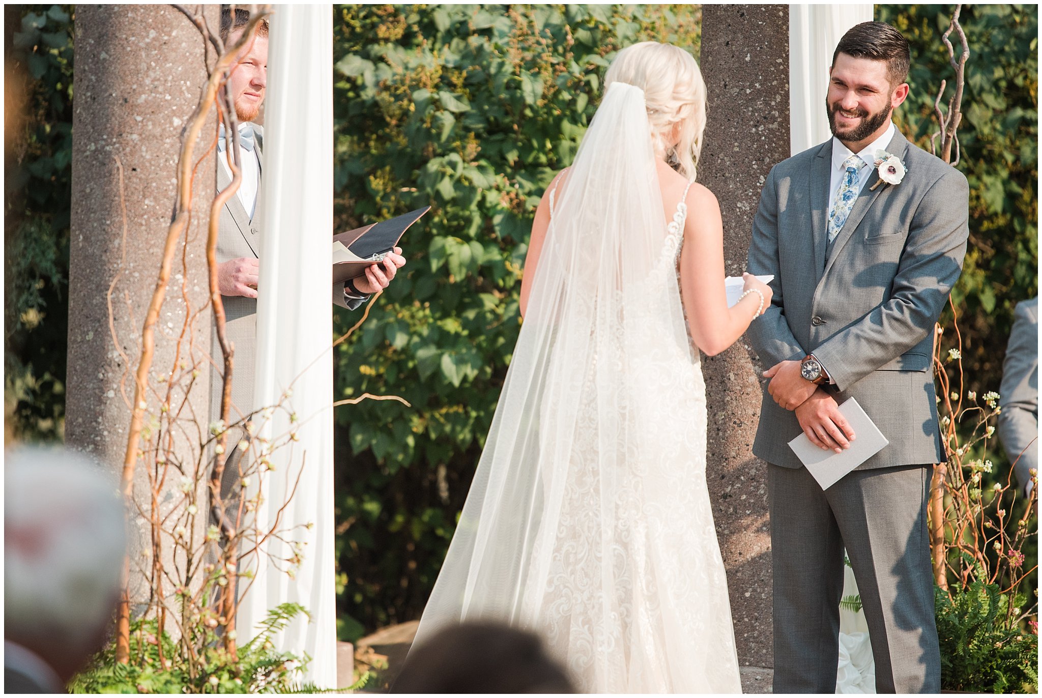 Bride and groom reading vows to each other | Dusty Blue and Rose Summer Wedding at Oak Hills Utah | Jessie and Dallin Photography