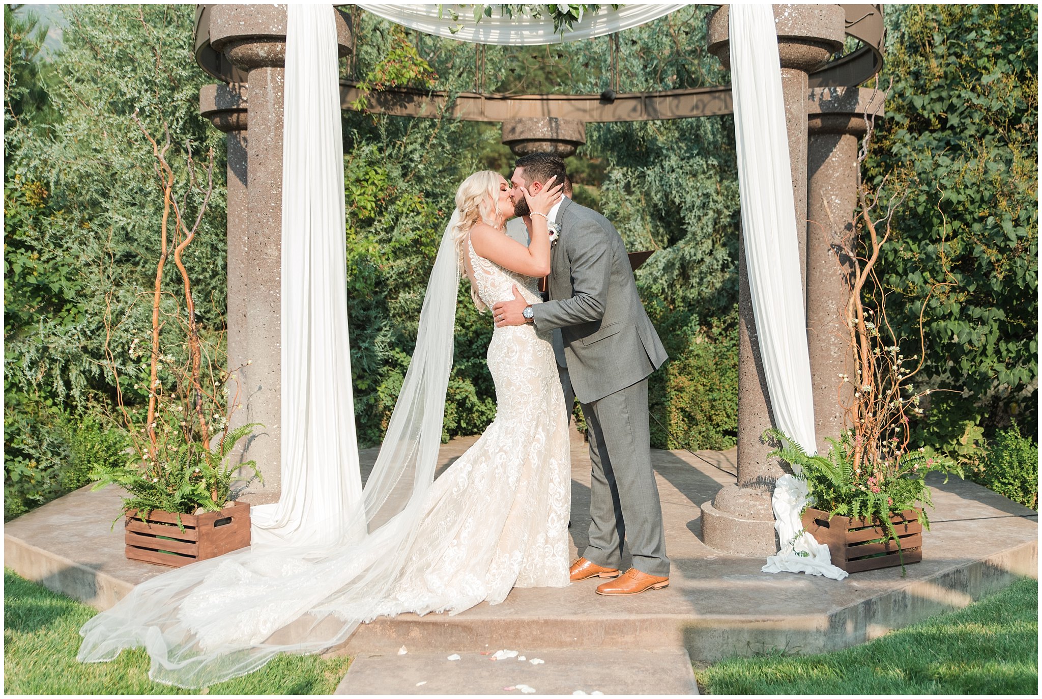 First kiss during wedding ceremony | Dusty Blue and Rose Summer Wedding at Oak Hills Utah | Jessie and Dallin Photography