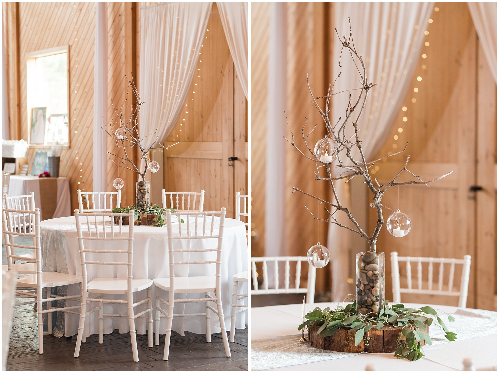 Reception details with twig trees on tables | Dusty Blue and Rose Summer Wedding at Oak Hills Utah | Jessie and Dallin Photography