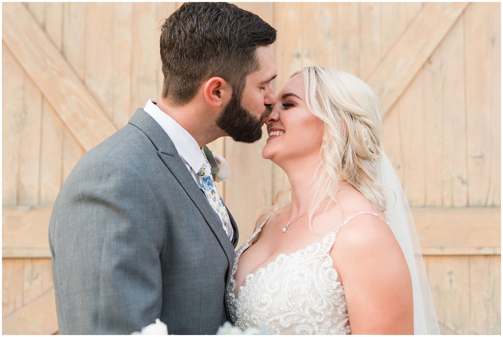 Bride and groom portraits with lace dress and cathedral veil and gray suit with blue floral tie | Dusty Blue and Rose Summer Wedding at Oak Hills Utah | Jessie and Dallin Photography