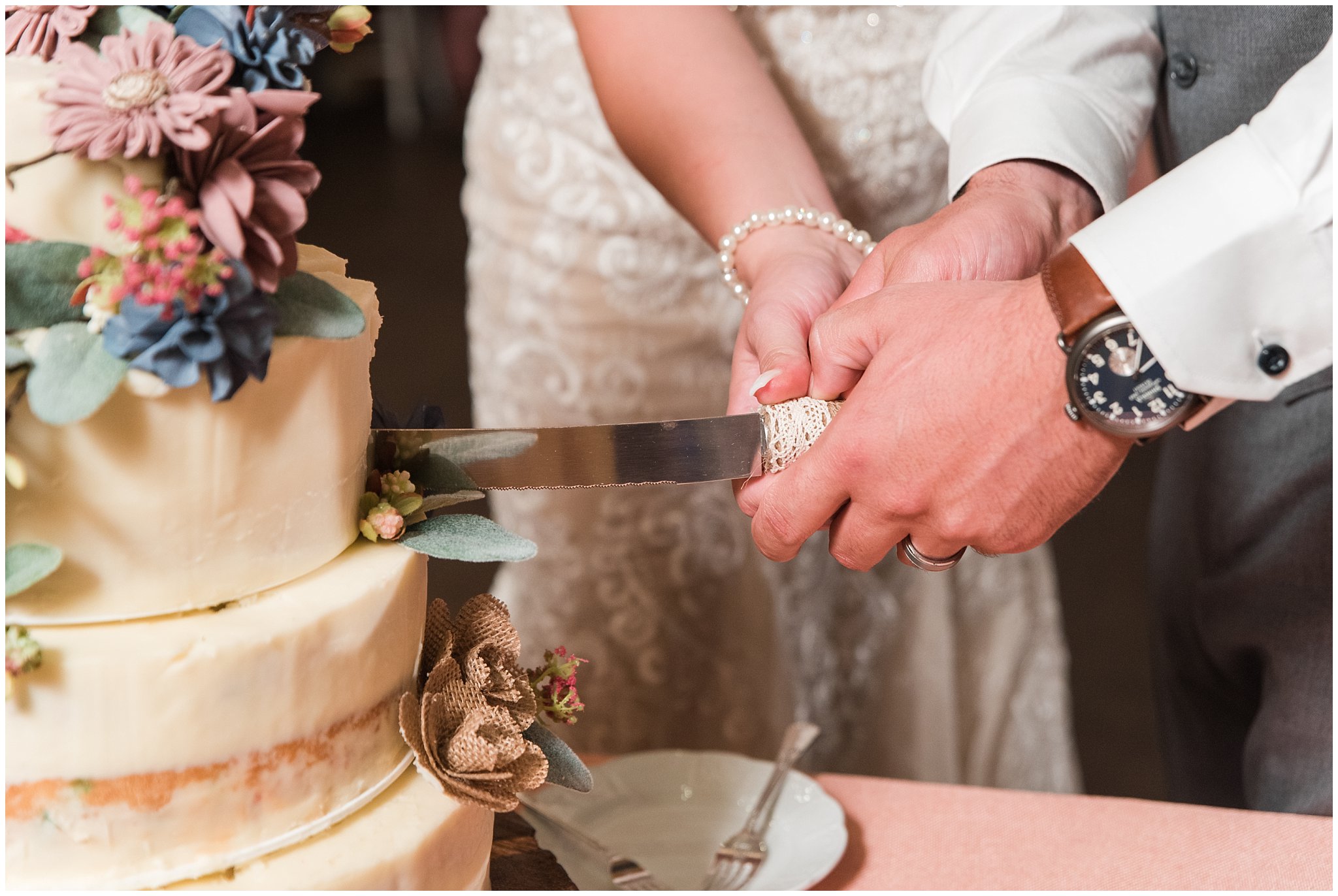 Bride and groom cake cutting and smash | Dusty Blue and Rose Summer Wedding at Oak Hills Utah | Jessie and Dallin Photography