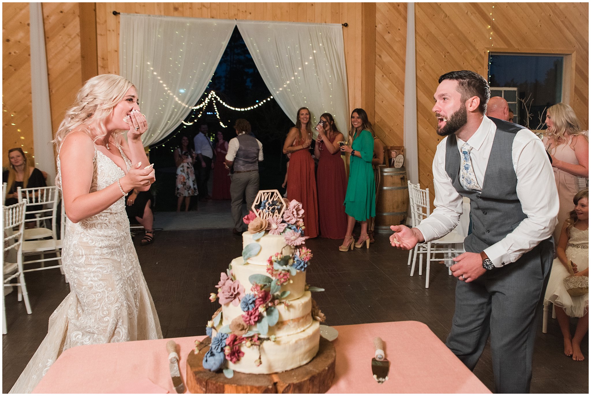 Bride and groom cake cutting and smash | Dusty Blue and Rose Summer Wedding at Oak Hills Utah | Jessie and Dallin Photography