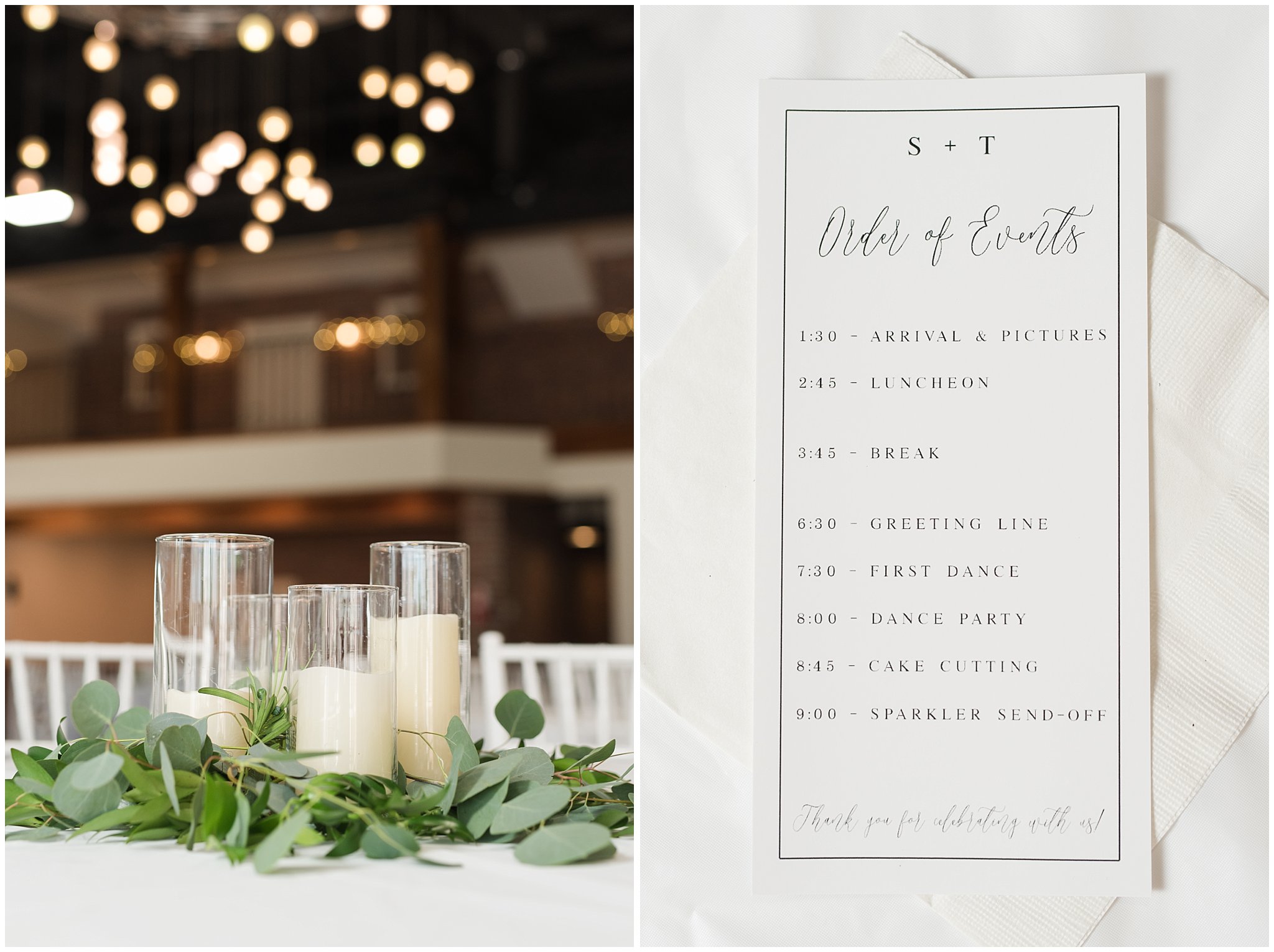 Candle centerpieces and wedding program | Talia Event Center Summer Wedding | Jessie and Dallin Photography