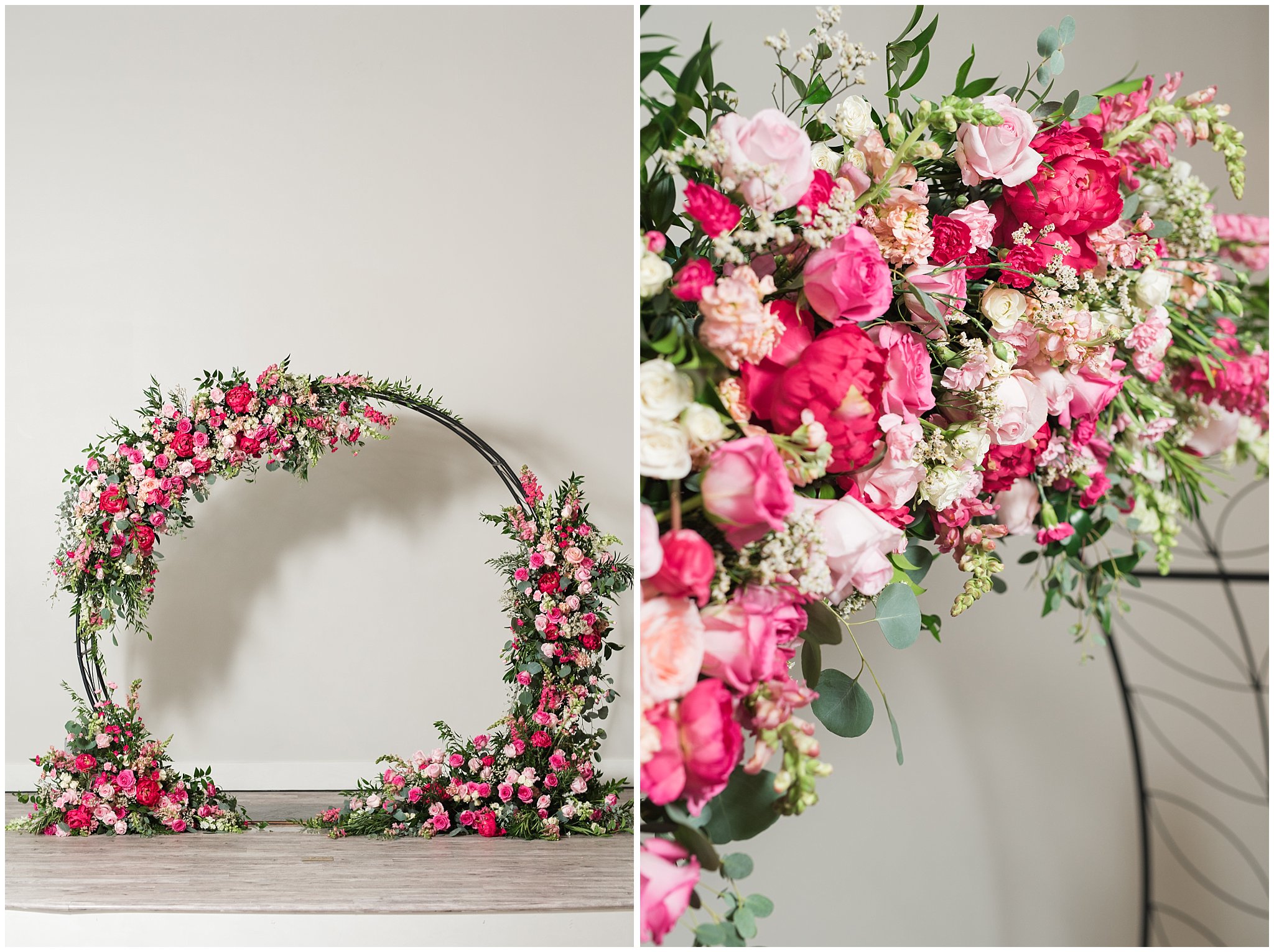 Circle Floral arch in shades of pink | Talia Event Center Summer Wedding | Jessie and Dallin Photography