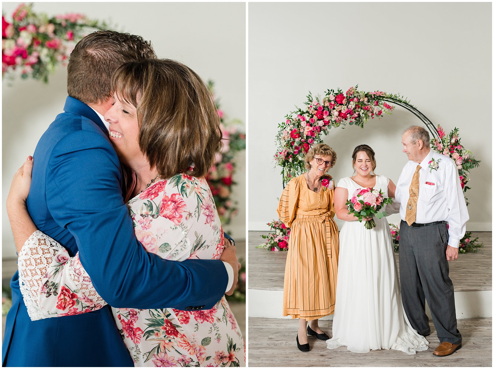 Family portraits in front of floral arch in shades of pink | Talia Event Center Summer Wedding | Jessie and Dallin Photography