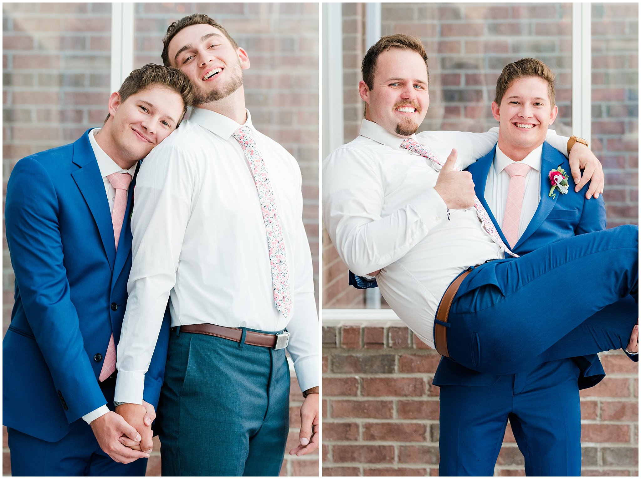 Groom and groomsmen in floral pink ties | Talia Event Center Summer Wedding | Jessie and Dallin Photography