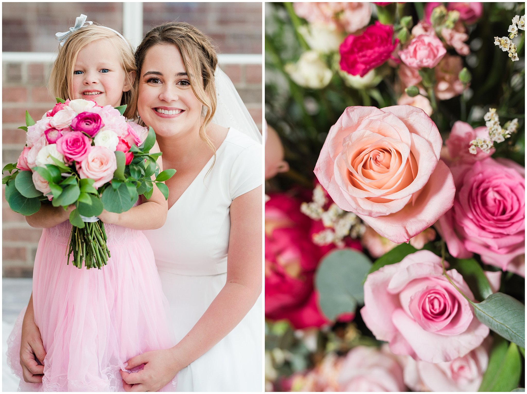 Bride and bridesmaids wearing cream colored dresses in front of floral arch in shades of pink | Talia Event Center Summer Wedding | Jessie and Dallin Photography
