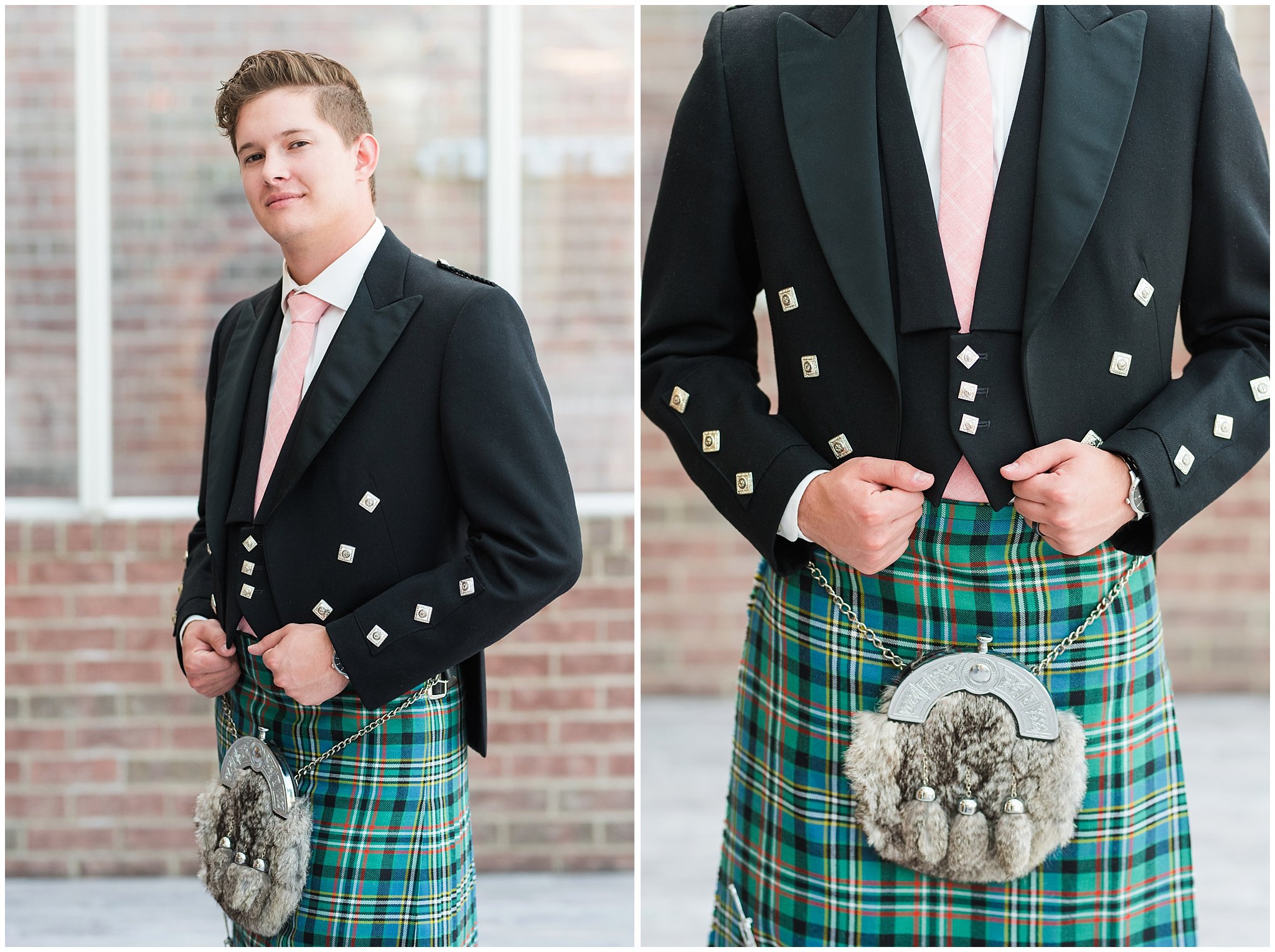 Groom wearing highland attire with tartan and kilt | Talia Event Center Summer Wedding | Jessie and Dallin Photography