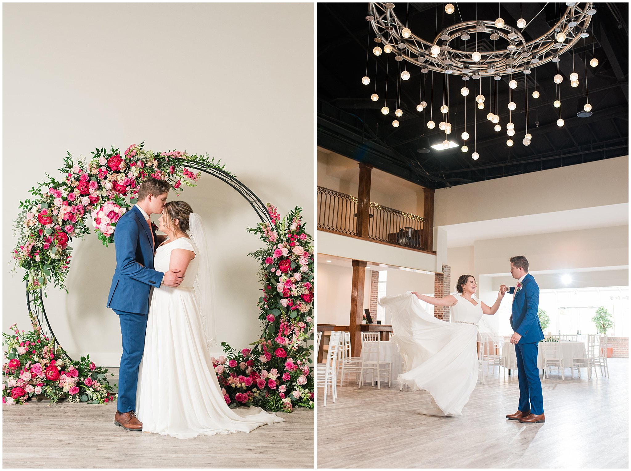 Bride and Groom in front of floral arch in shades of pink wearing flowy dress and cornish blue suit | Talia Event Center Summer Wedding | Jessie and Dallin Photography