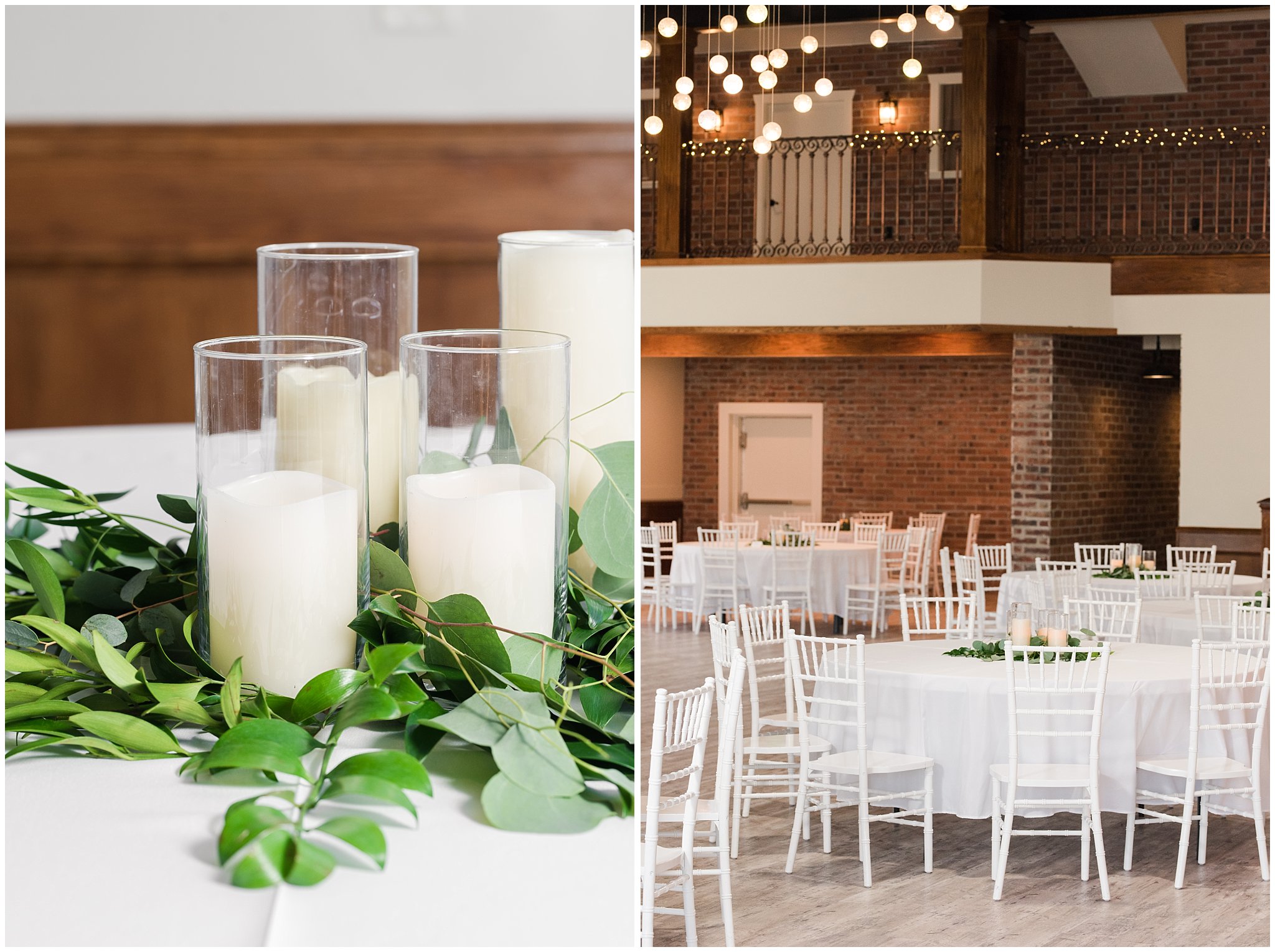 Wedding reception table setup with chandelier candles and greenery | Talia Event Center Summer Wedding | Jessie and Dallin Photography