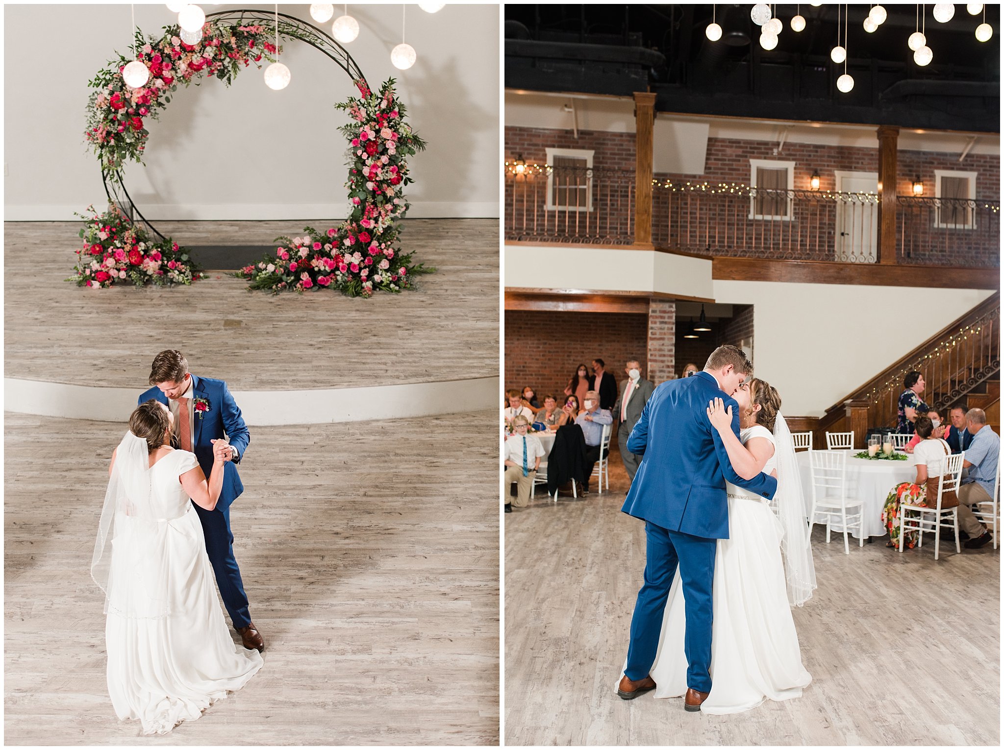 Bride and groom dance underneath chandelier with flowy dress and cornish blue suit | Talia Event Center Summer Wedding | Jessie and Dallin Photography