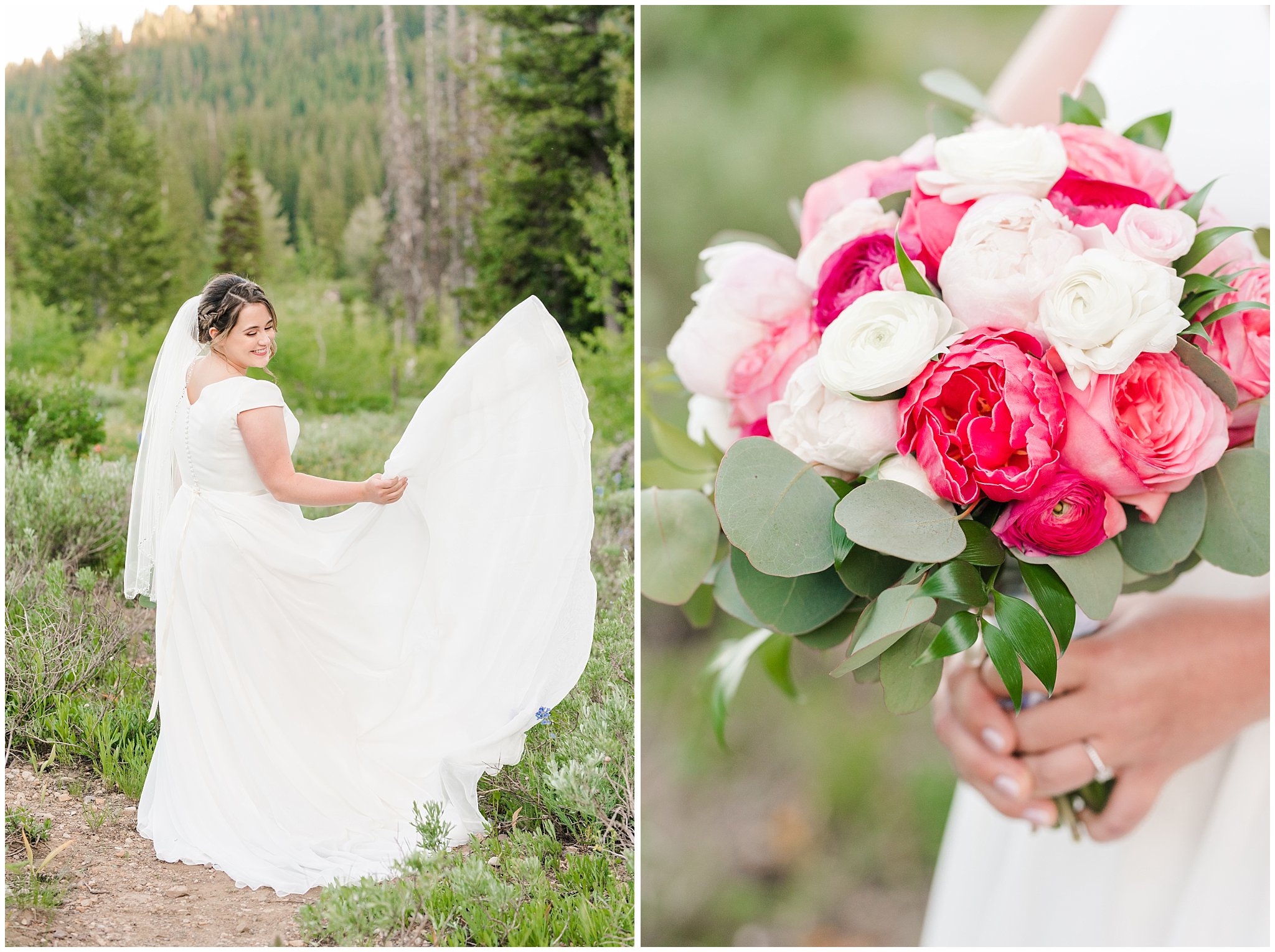 Bridal portrait in the Utah mountains wearing flowy wedding dress with pink and white florals | Summer Mountain wildflowers | Tony Grove Summer Formal Session | Jessie and Dallin Photography