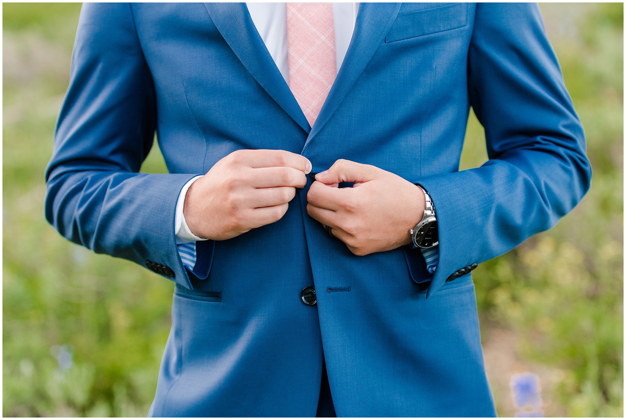 Groom in the Utah mountains wearing cornish blue suit | Summer Mountain wildflowers | Tony Grove Summer Formal Session | Jessie and Dallin Photography