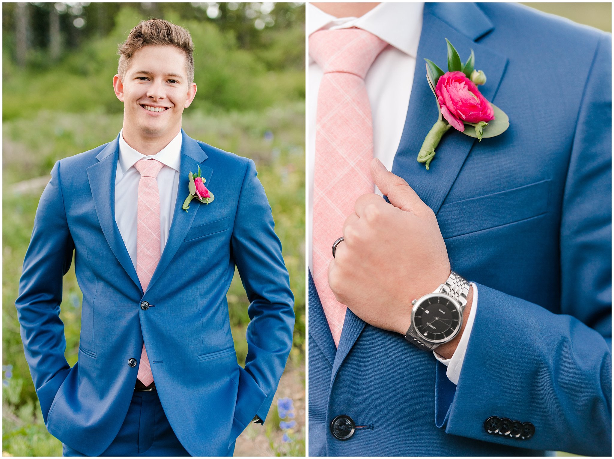 Groom in the Utah mountains wearing cornish blue suit | Summer Mountain wildflowers | Tony Grove Summer Formal Session | Jessie and Dallin Photography