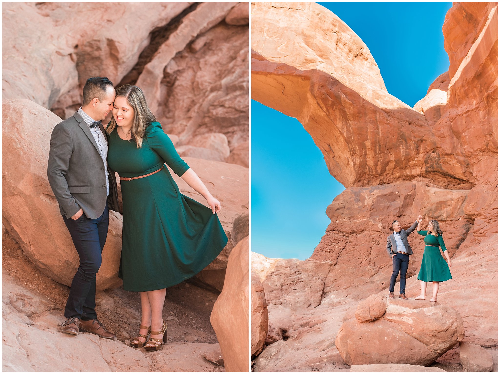 Couple dressed in green dress and grey and blue suit with bowtie for adventure engagement session at Arches National Park and Dead Horse Point Engagement | Jessie and Dallin Photography