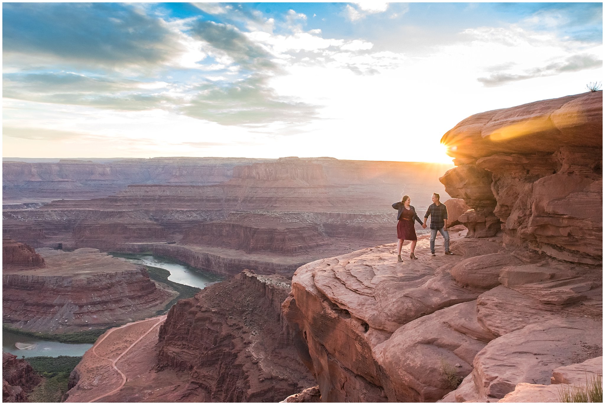 Couple in casual dress during sunset engagement session at Dead Horse Point | Arches National Park and Dead Horse Point Engagement | Jessie and Dallin Photography
