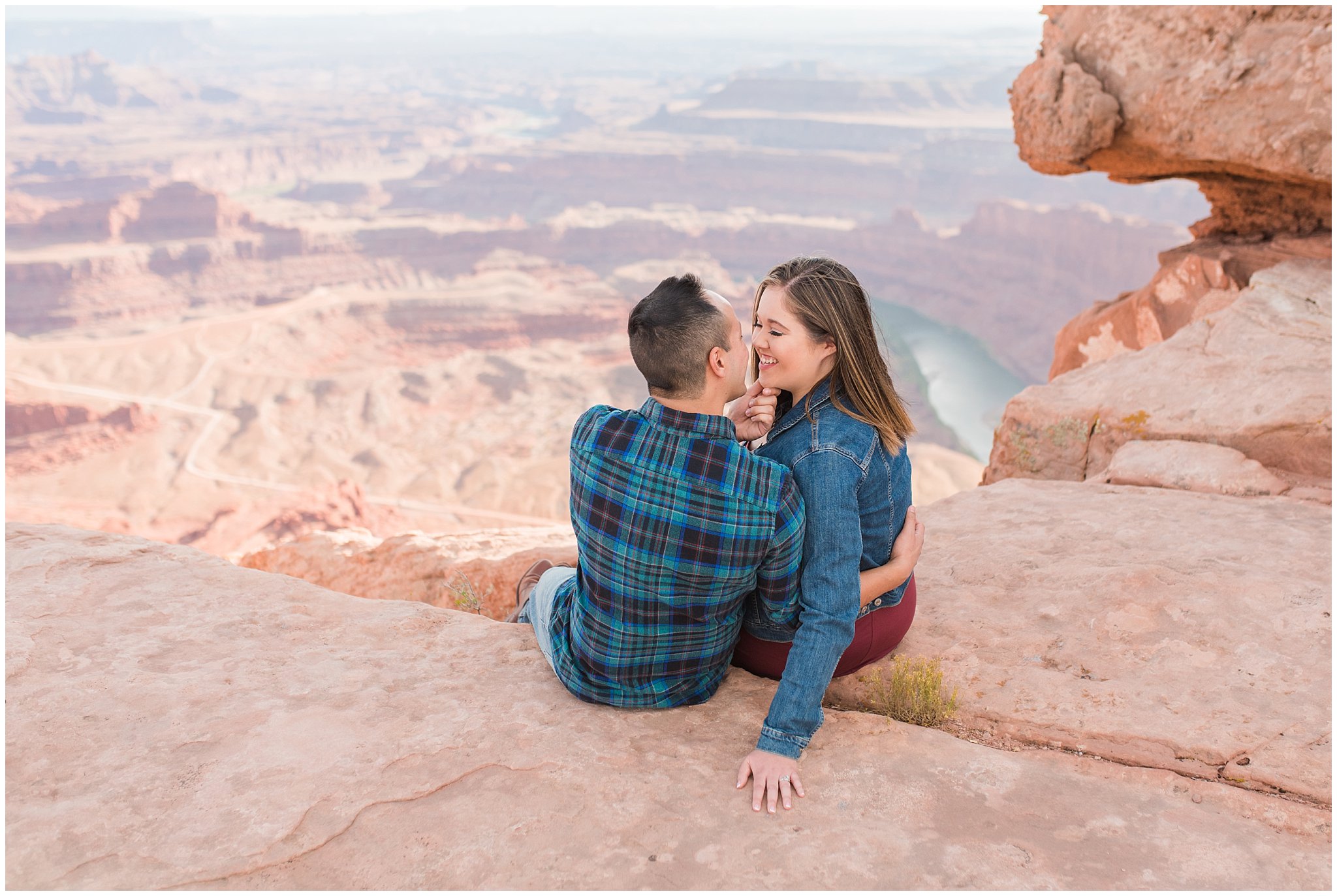 Couple in casual dress during engagement session at Dead Horse Point | Arches National Park and Dead Horse Point Engagement | Jessie and Dallin Photography