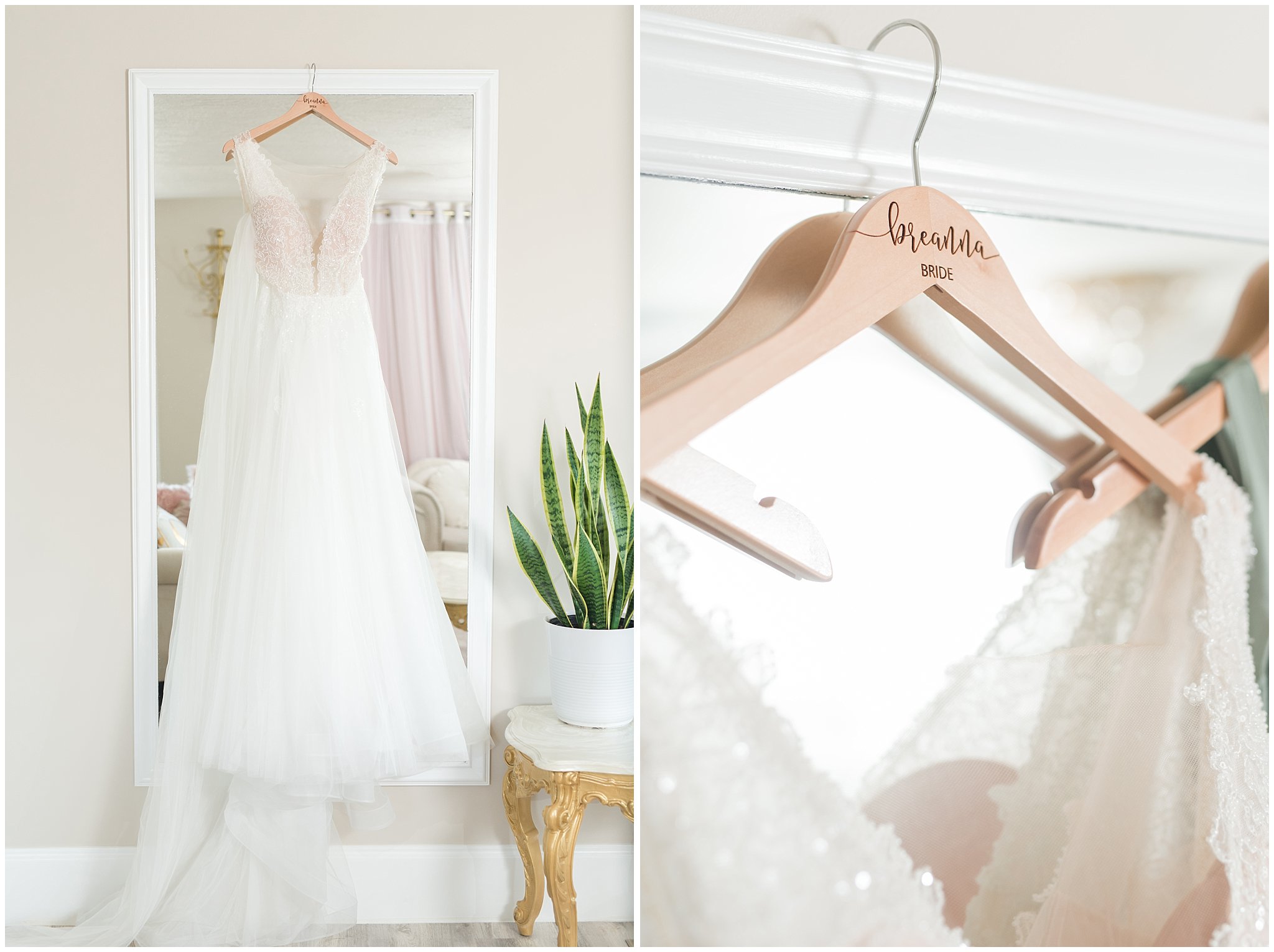 Wedding dress custom hangers with names | Sage Green and Gray Summer Wedding at Oak Hills | Jessie and Dallin Photography
