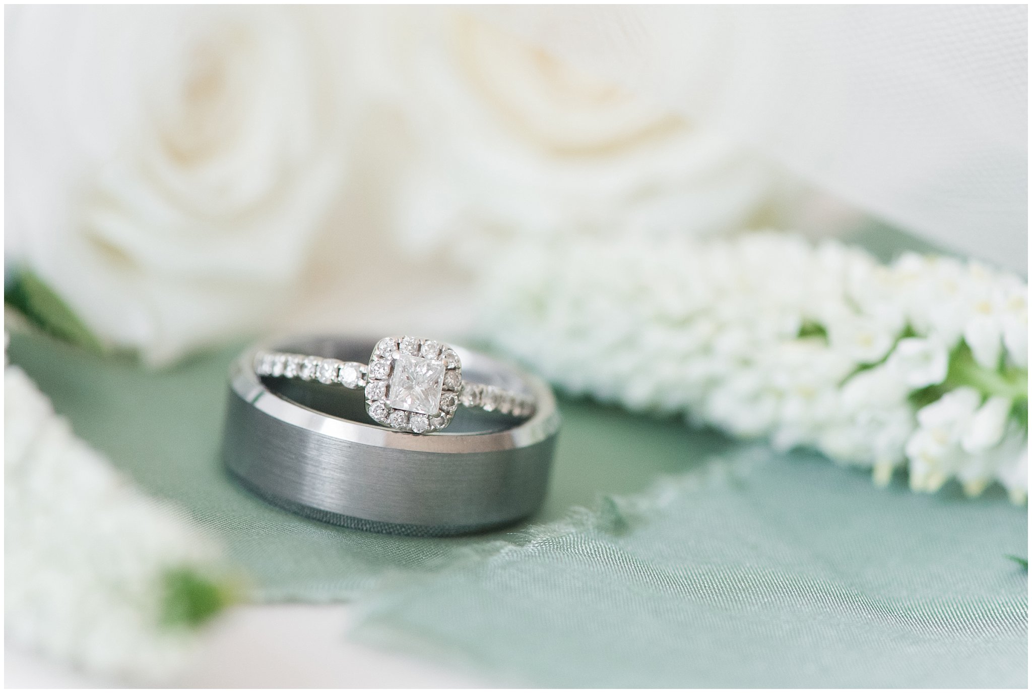 Wedding rings on sage green ribbon | Sage Green and Gray Summer Wedding at Oak Hills | Jessie and Dallin Photography