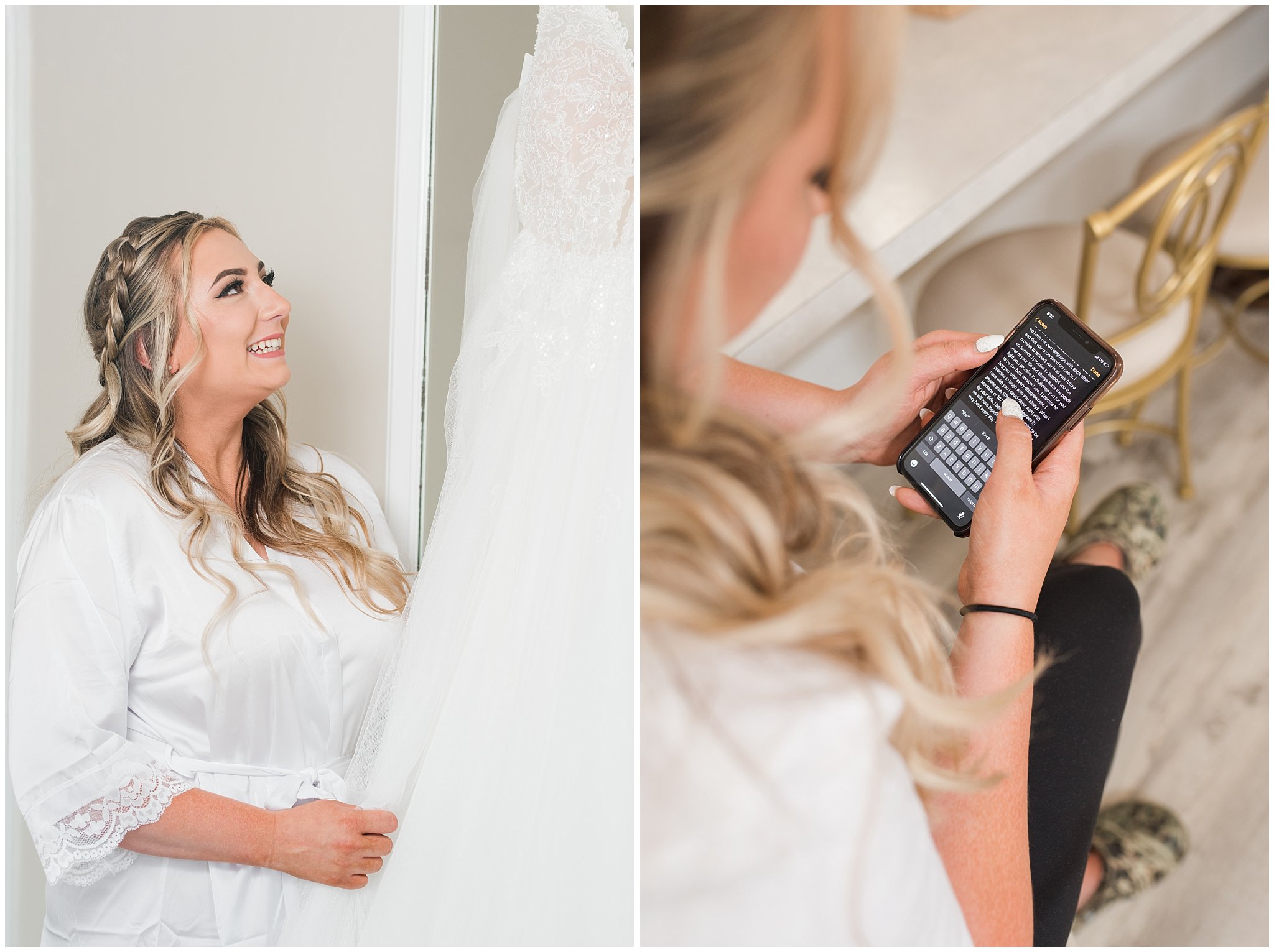 Bride holding dress and writing vows on phone | Sage Green and Gray Summer Wedding at Oak Hills | Jessie and Dallin Photography
