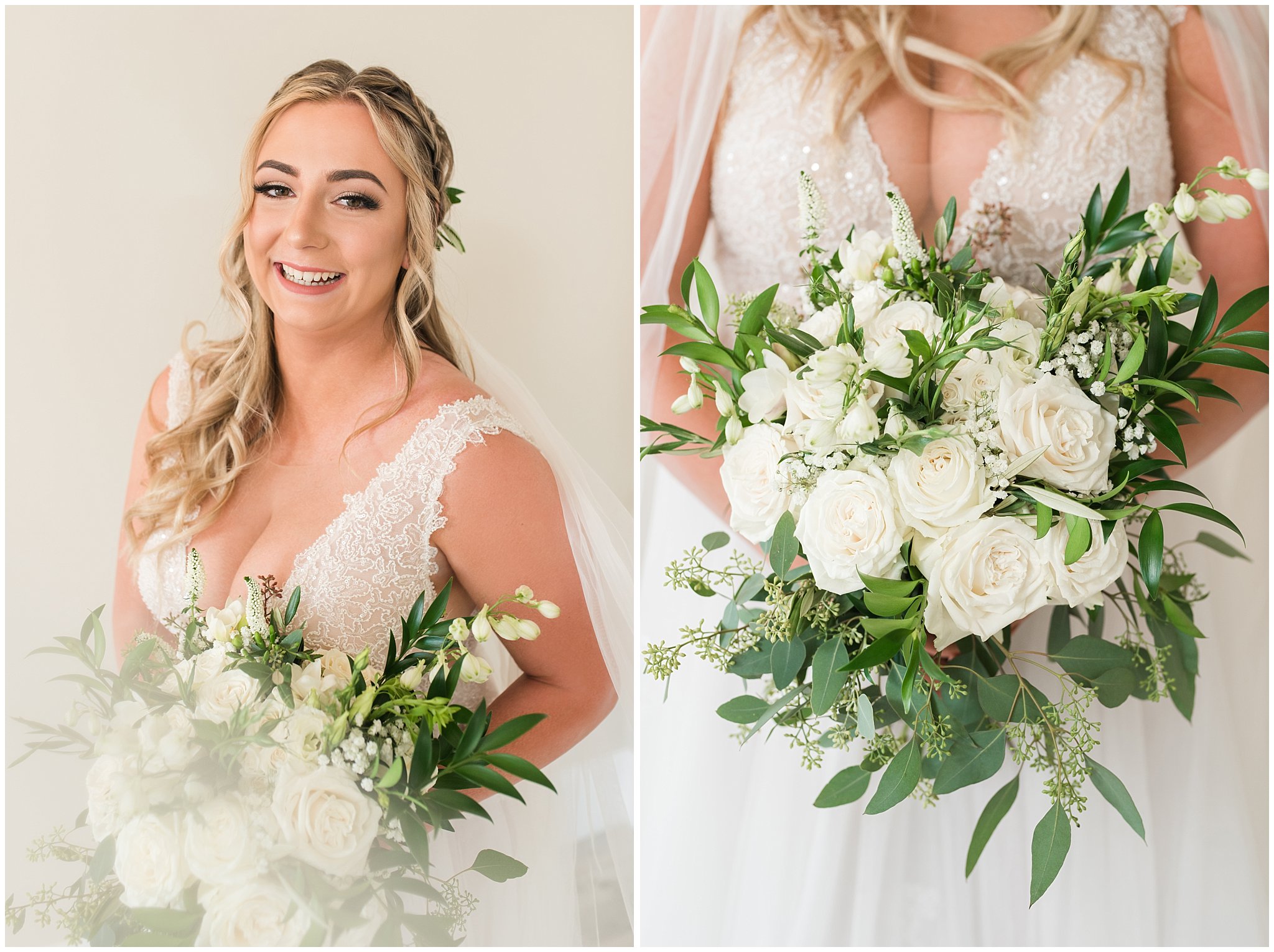 Champagne wedding dress with lace bride holding white floral bouquet | Sage Green and Gray Summer Wedding at Oak Hills | Jessie and Dallin Photography