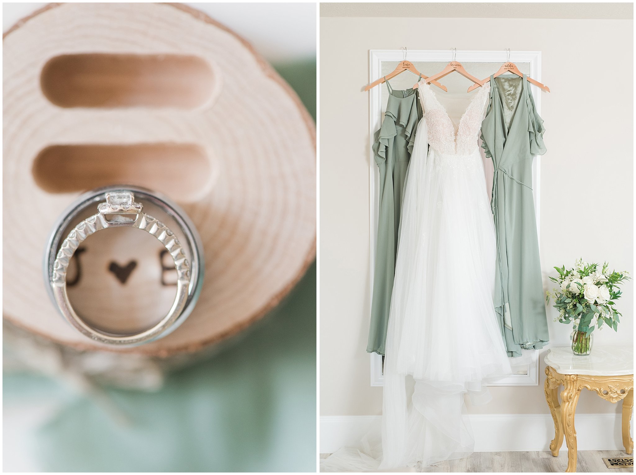 Wedding dress custom hangers with names and sage green bridesmaid dresses | Sage Green and Gray Summer Wedding at Oak Hills | Jessie and Dallin Photography